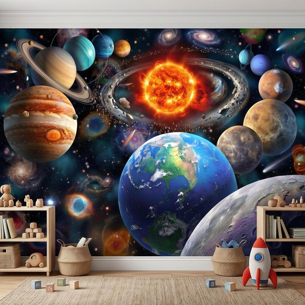 Solar System Peel and Stick Wall Mural, Outer Space Galaxy Planets and Sun, Kids Room Astronomy Decor Wallpaper