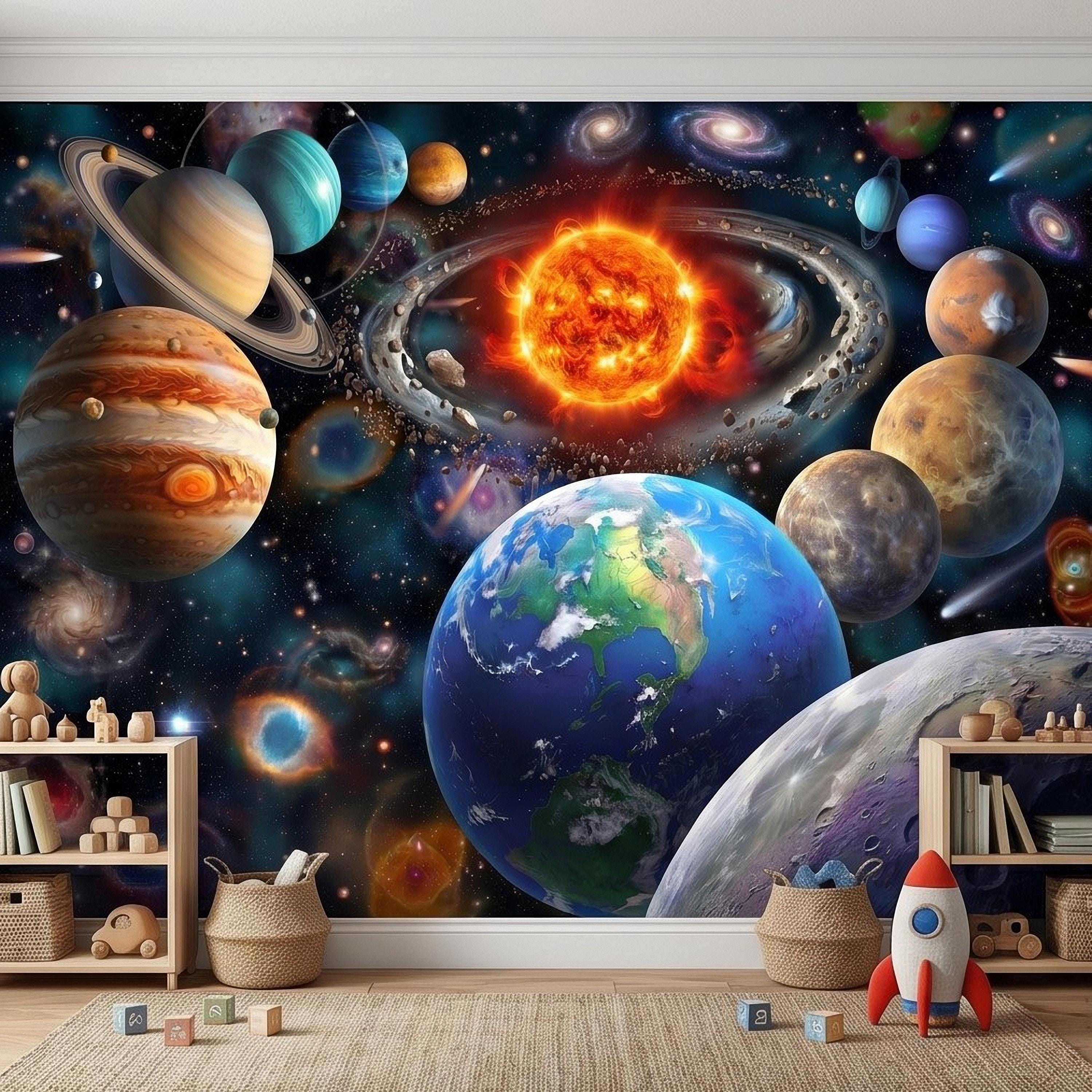 Solar System Peel and Stick Wall Mural, Outer Space Galaxy Planets and Sun, Kids Room Astronomy Decor Wallpaper