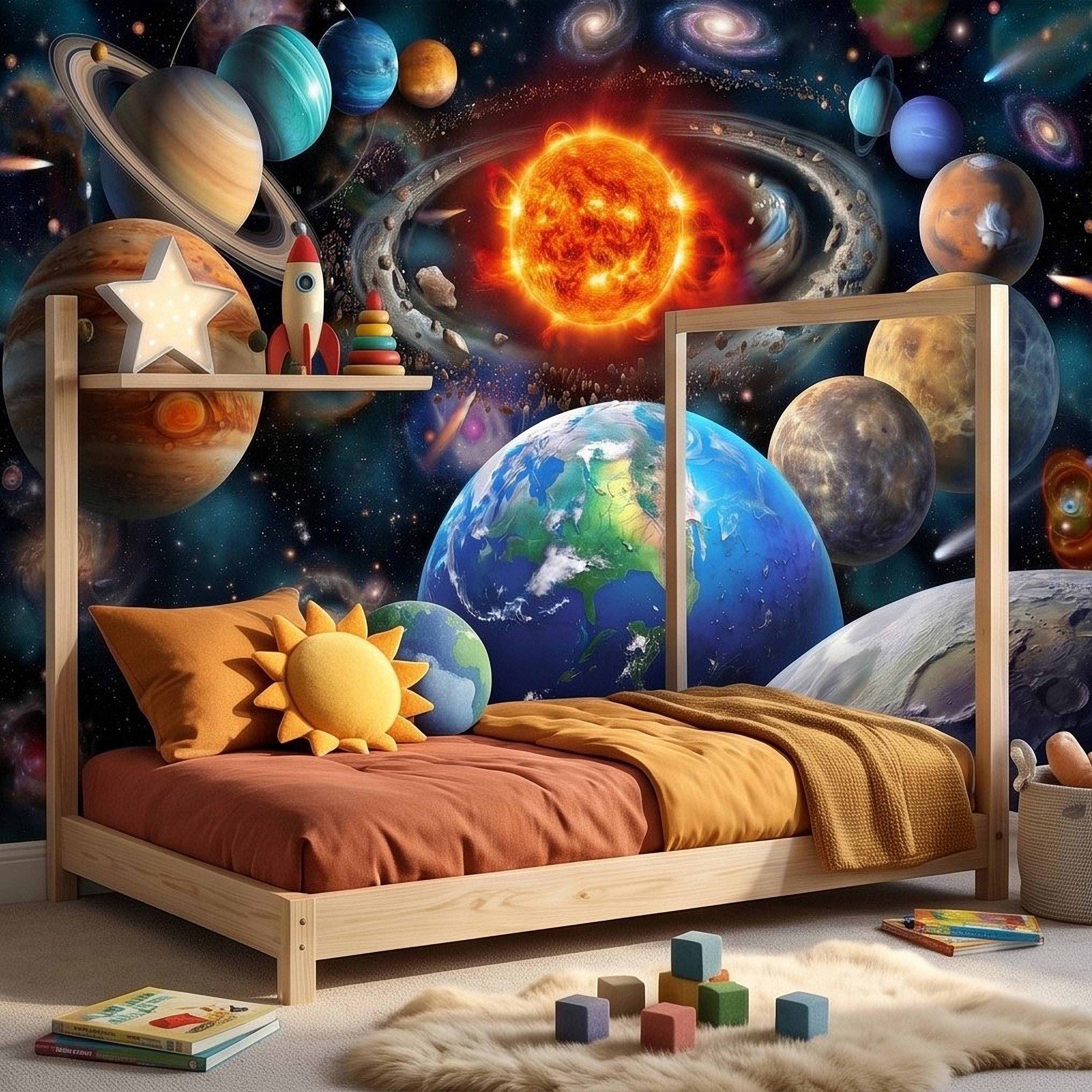 Solar System Peel and Stick Wall Mural, Outer Space Galaxy Planets and Sun, Kids Room Astronomy Decor Wallpaper