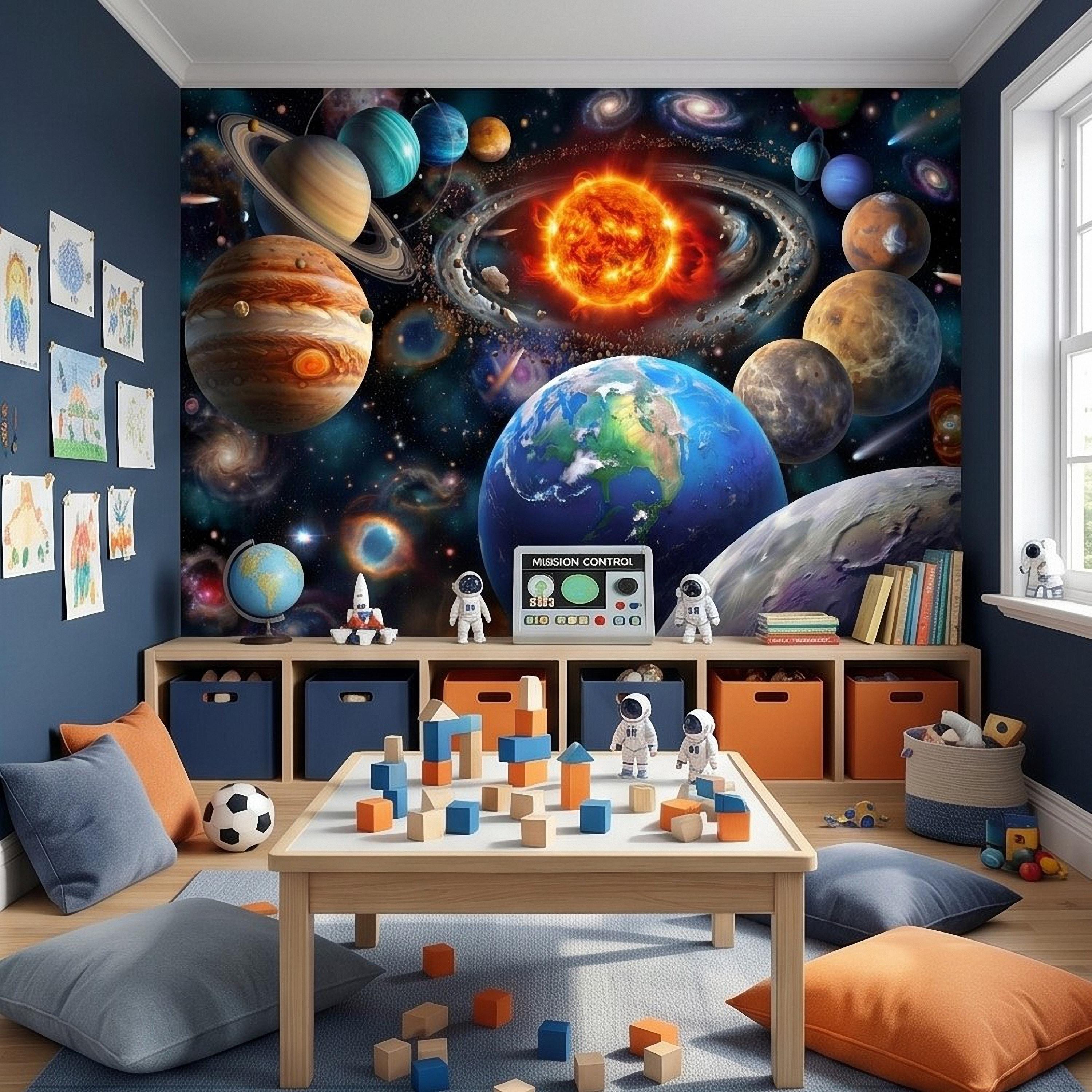 Solar System Peel and Stick Wall Mural, Outer Space Galaxy Planets and Sun, Kids Room Astronomy Decor Wallpaper