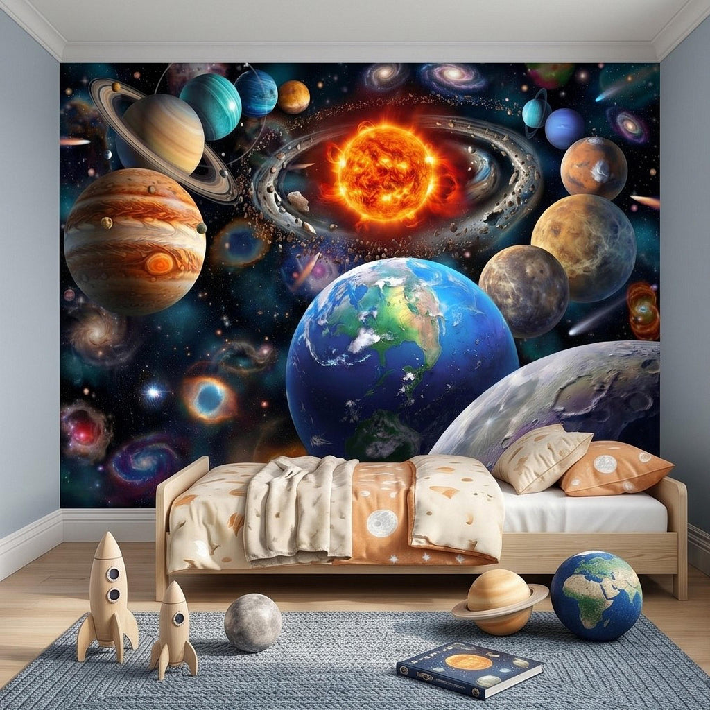 Solar System Peel and Stick Wall Mural, Outer Space Galaxy Planets and Sun, Kids Room Astronomy Decor Wallpaper