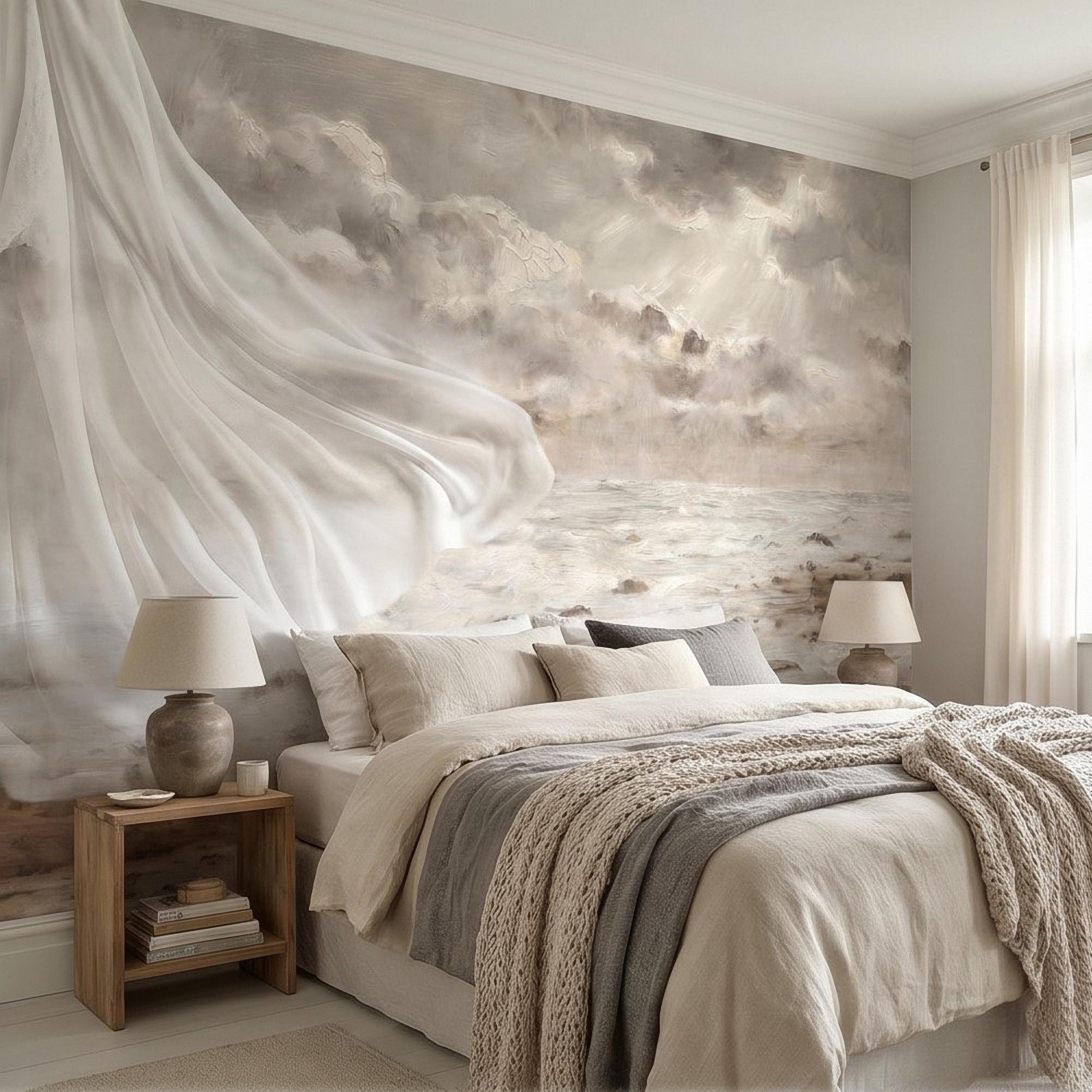 Neutral Seascape Peel and Stick Wall Mural, Soft Coastal Ocean Painting with Flowing Drapery, Romantic Beige Wallpaper