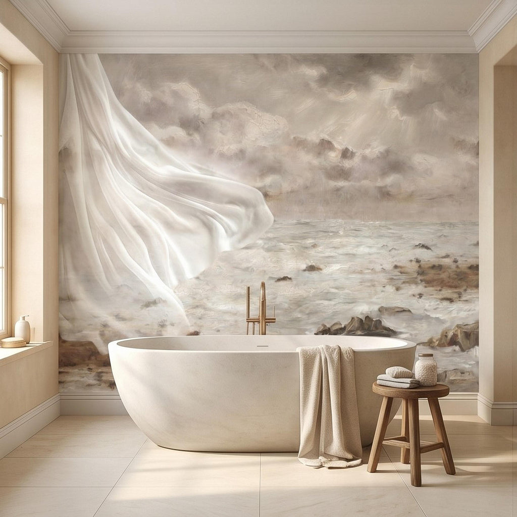 Neutral Seascape Peel and Stick Wall Mural, Soft Coastal Ocean Painting with Flowing Drapery, Romantic Beige Wallpaper