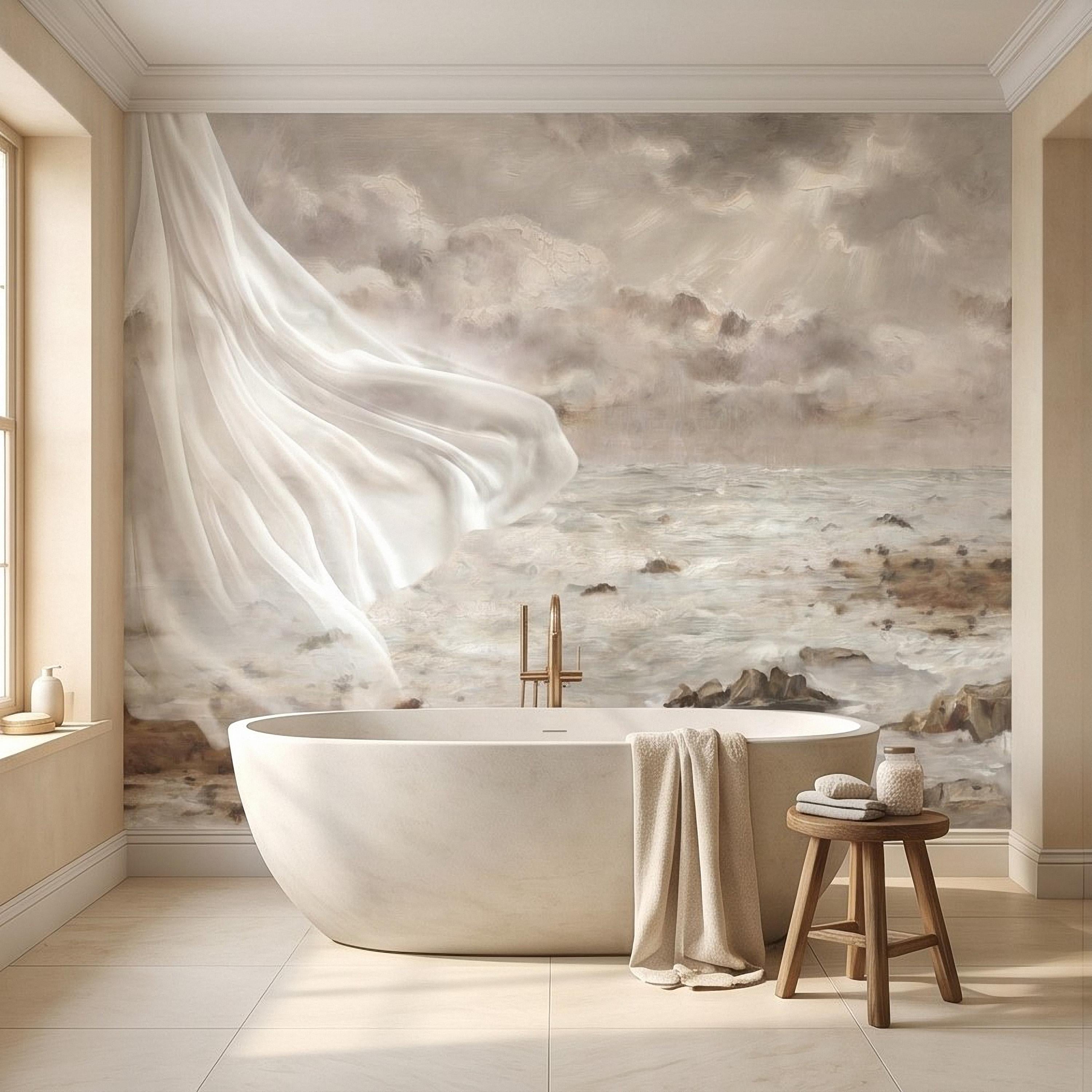 Neutral Seascape Peel and Stick Wall Mural, Soft Coastal Ocean Painting with Flowing Drapery, Romantic Beige Wallpaper