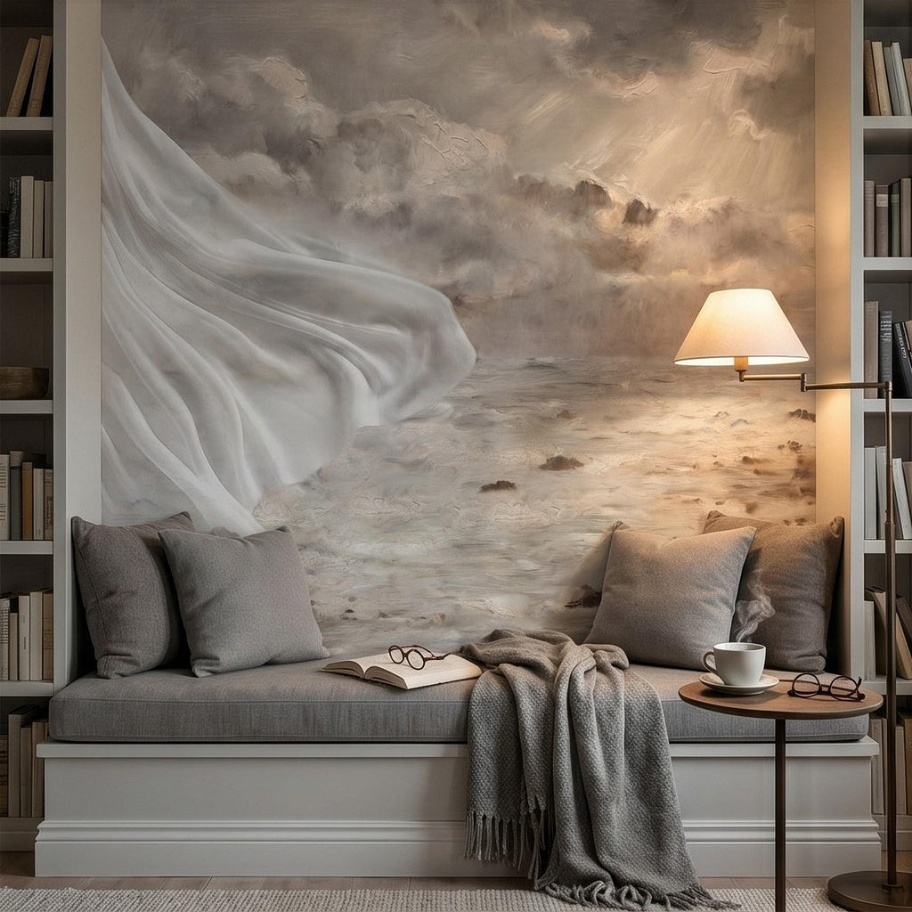Neutral Seascape Peel and Stick Wall Mural, Soft Coastal Ocean Painting with Flowing Drapery, Romantic Beige Wallpaper