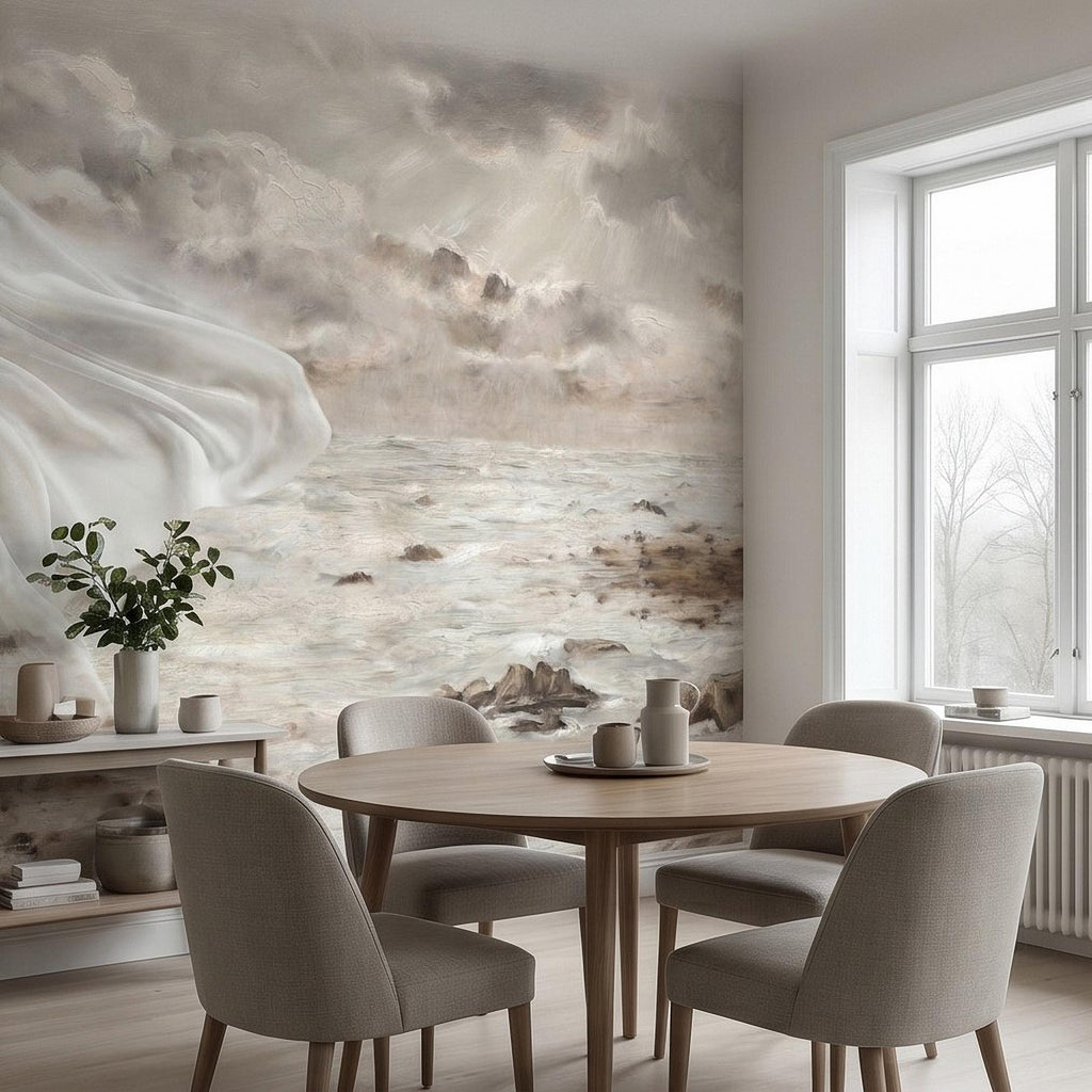 Neutral Seascape Peel and Stick Wall Mural, Soft Coastal Ocean Painting with Flowing Drapery, Romantic Beige Wallpaper
