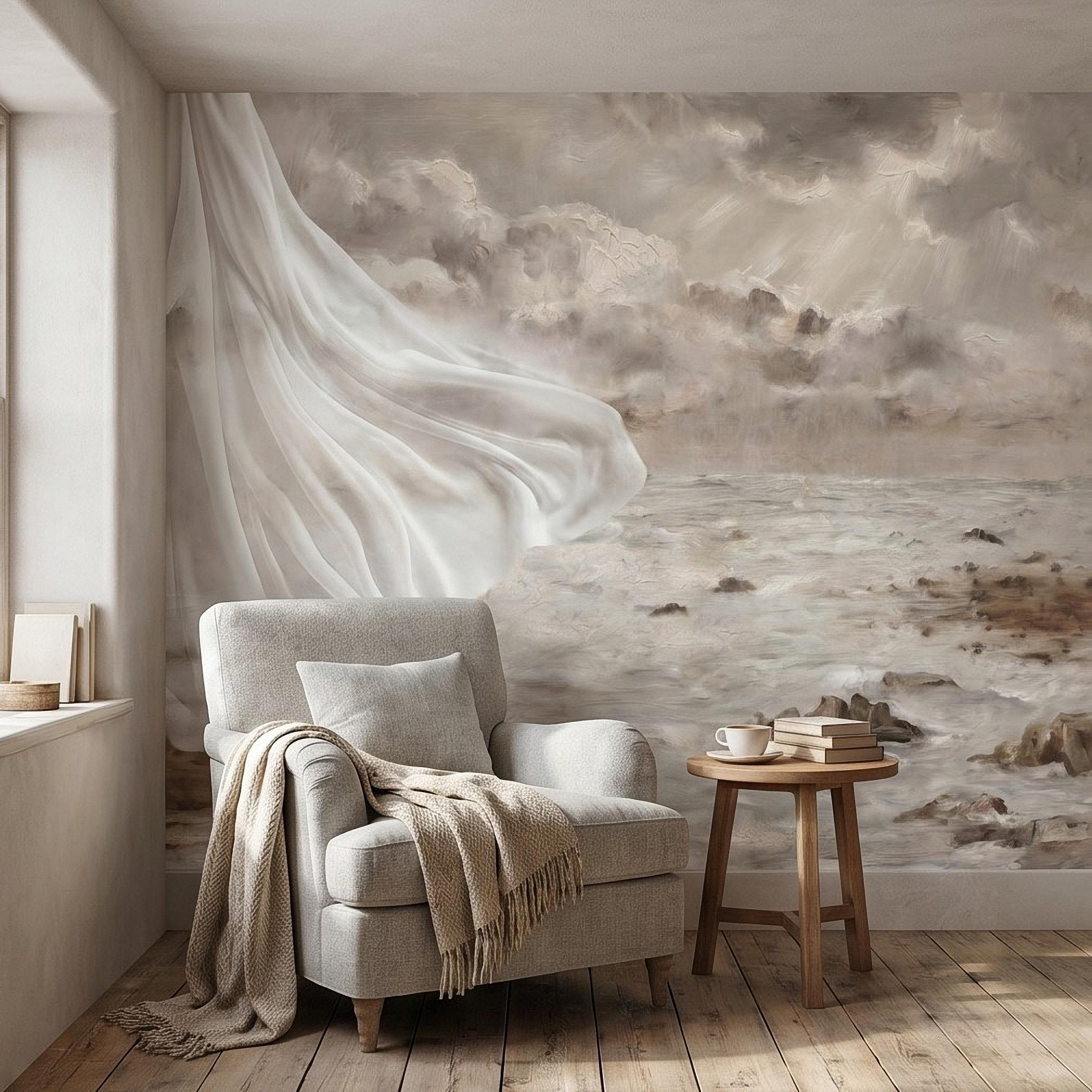 Neutral Seascape Peel and Stick Wall Mural, Soft Coastal Ocean Painting with Flowing Drapery, Romantic Beige Wallpaper