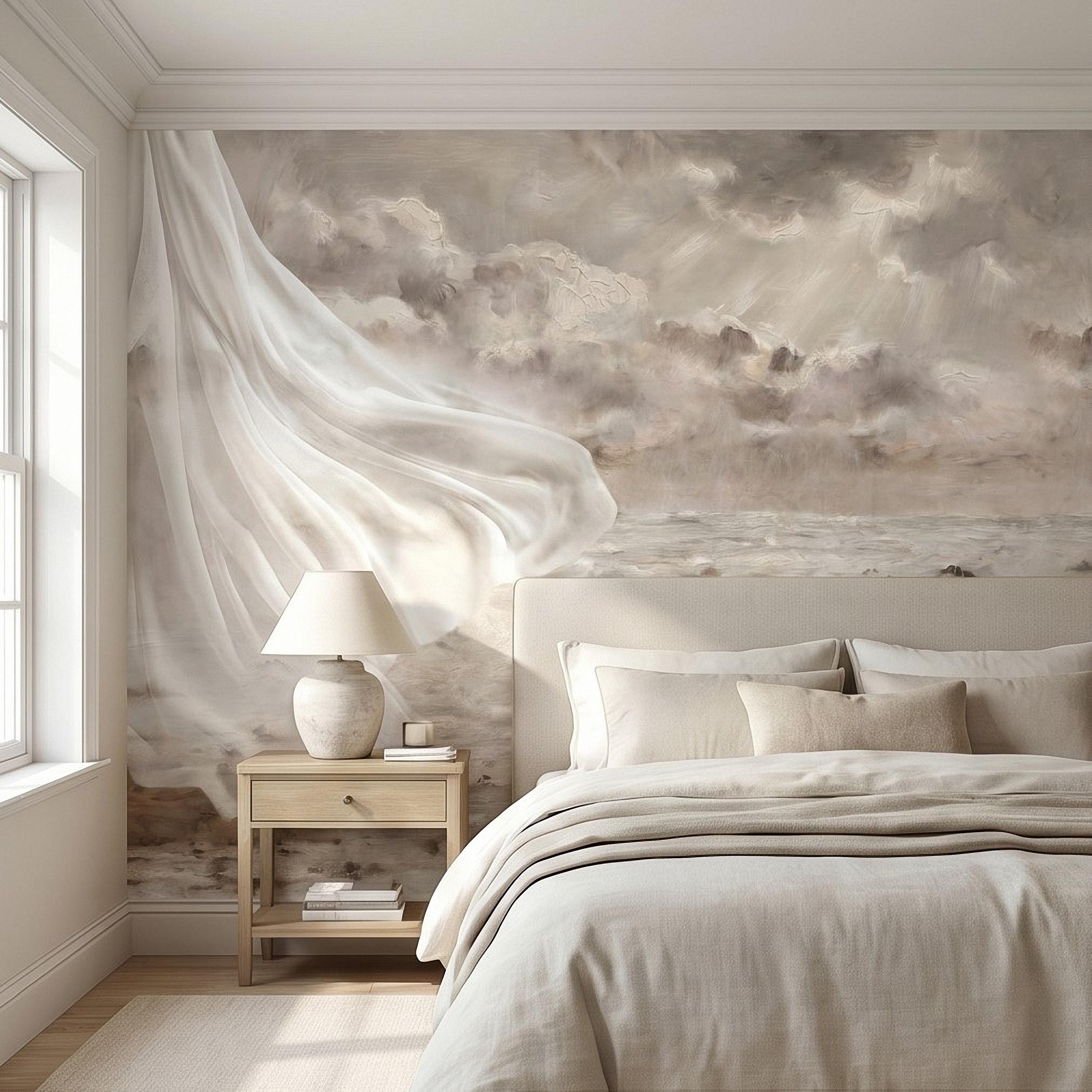 Neutral Seascape Peel and Stick Wall Mural, Soft Coastal Ocean Painting with Flowing Drapery, Romantic Beige Wallpaper