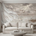 Neutral Seascape Peel and Stick Wall Mural, Soft Coastal Ocean Painting with Flowing Drapery, Romantic Beige Wallpaper