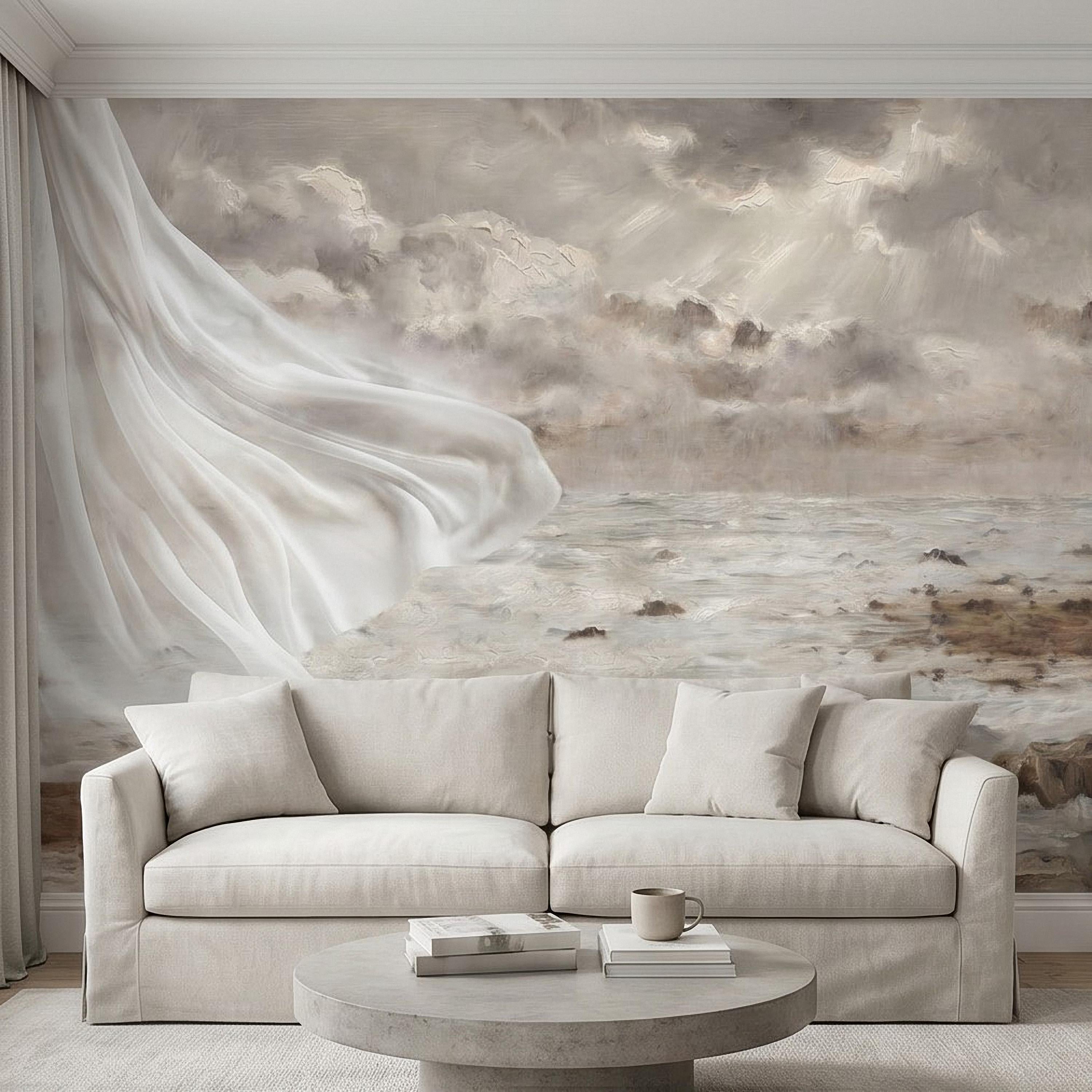 Neutral Seascape Peel and Stick Wall Mural, Soft Coastal Ocean Painting with Flowing Drapery, Romantic Beige Wallpaper