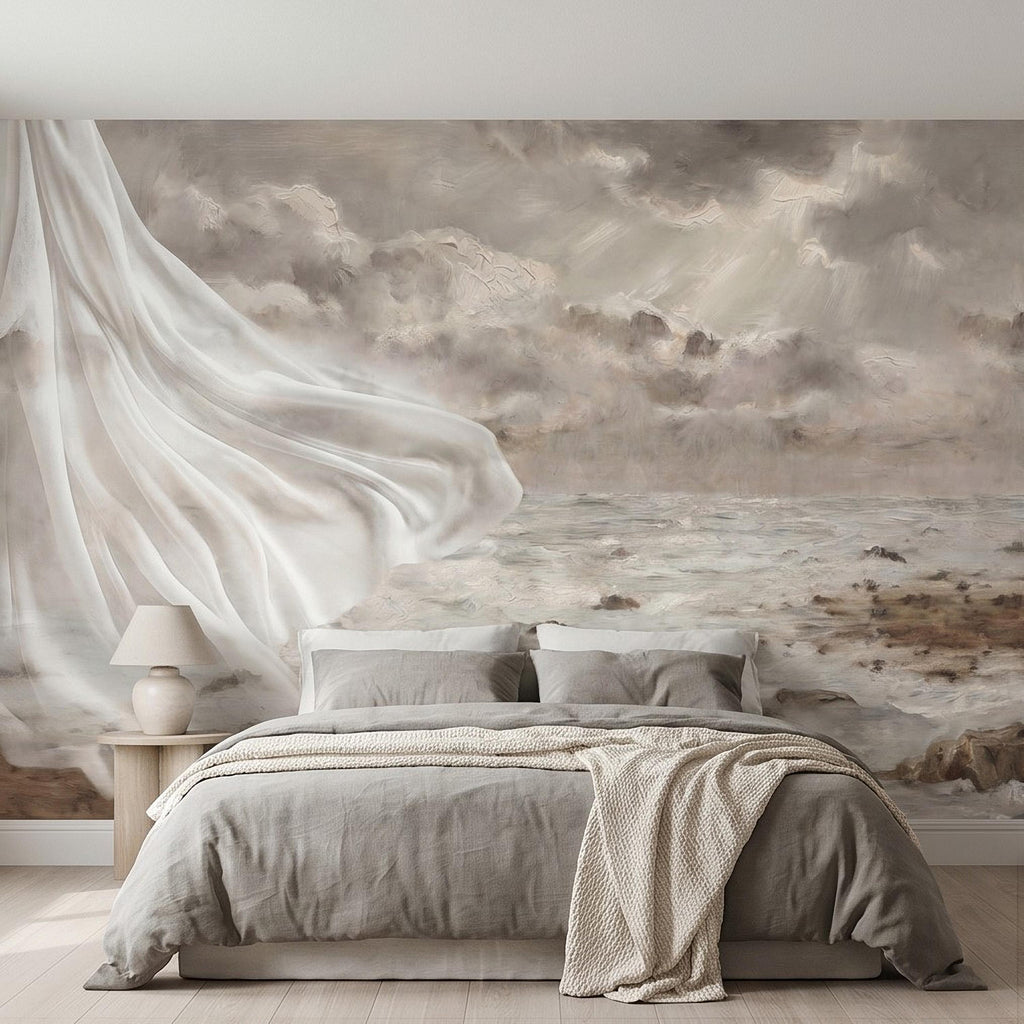 Neutral Seascape Peel and Stick Wall Mural, Soft Coastal Ocean Painting with Flowing Drapery, Romantic Beige Wallpaper