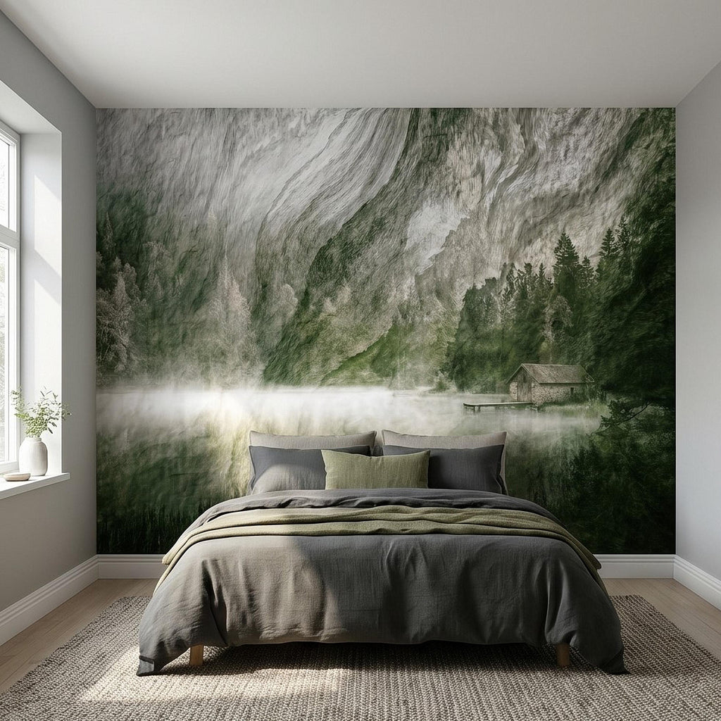 Misty Mountain Lake Peel and Stick Wall Mural, Moody Green Forest Cabin Landscape, Scandinavian Nature Wallpaper