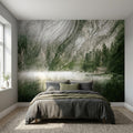 Misty Mountain Lake Peel and Stick Wall Mural, Moody Green Forest Cabin Landscape, Scandinavian Nature Wallpaper