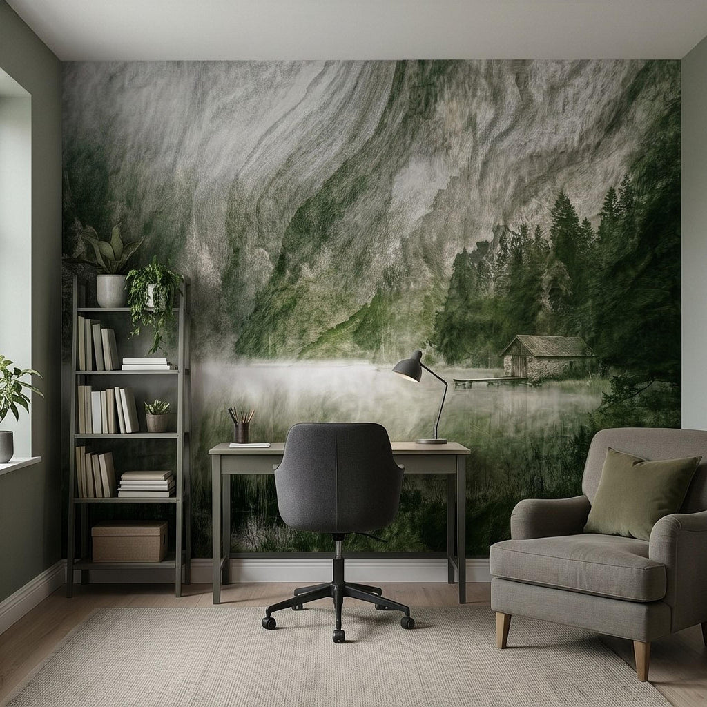 Misty Mountain Lake Peel and Stick Wall Mural, Moody Green Forest Cabin Landscape, Scandinavian Nature Wallpaper