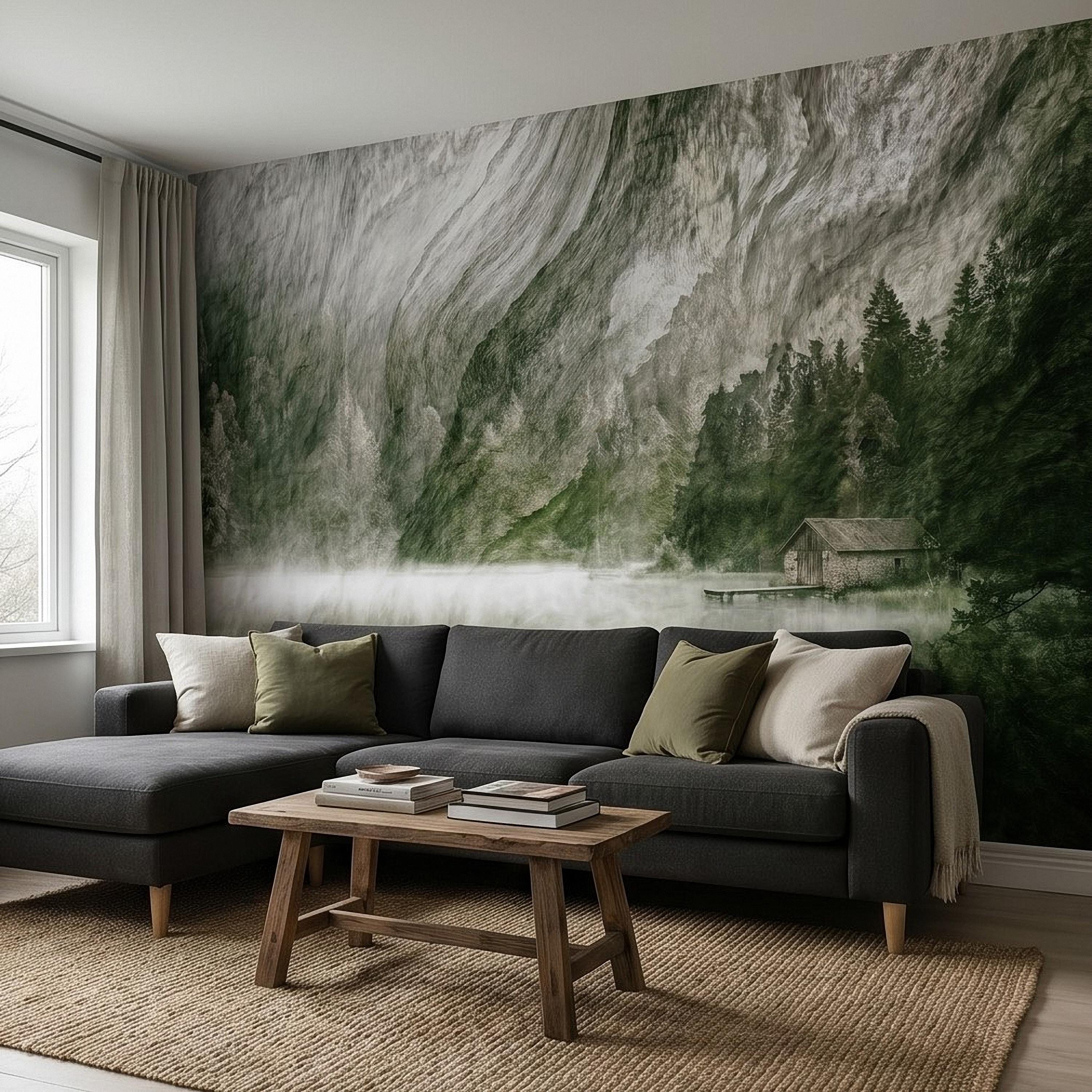 Misty Mountain Lake Peel and Stick Wall Mural, Moody Green Forest Cabin Landscape, Scandinavian Nature Wallpaper