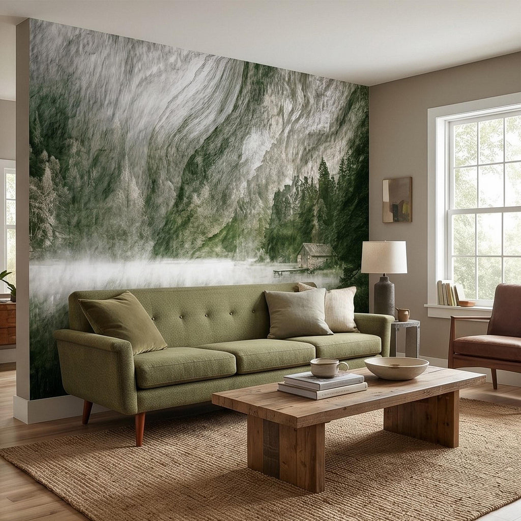 Misty Mountain Lake Peel and Stick Wall Mural, Moody Green Forest Cabin Landscape, Scandinavian Nature Wallpaper