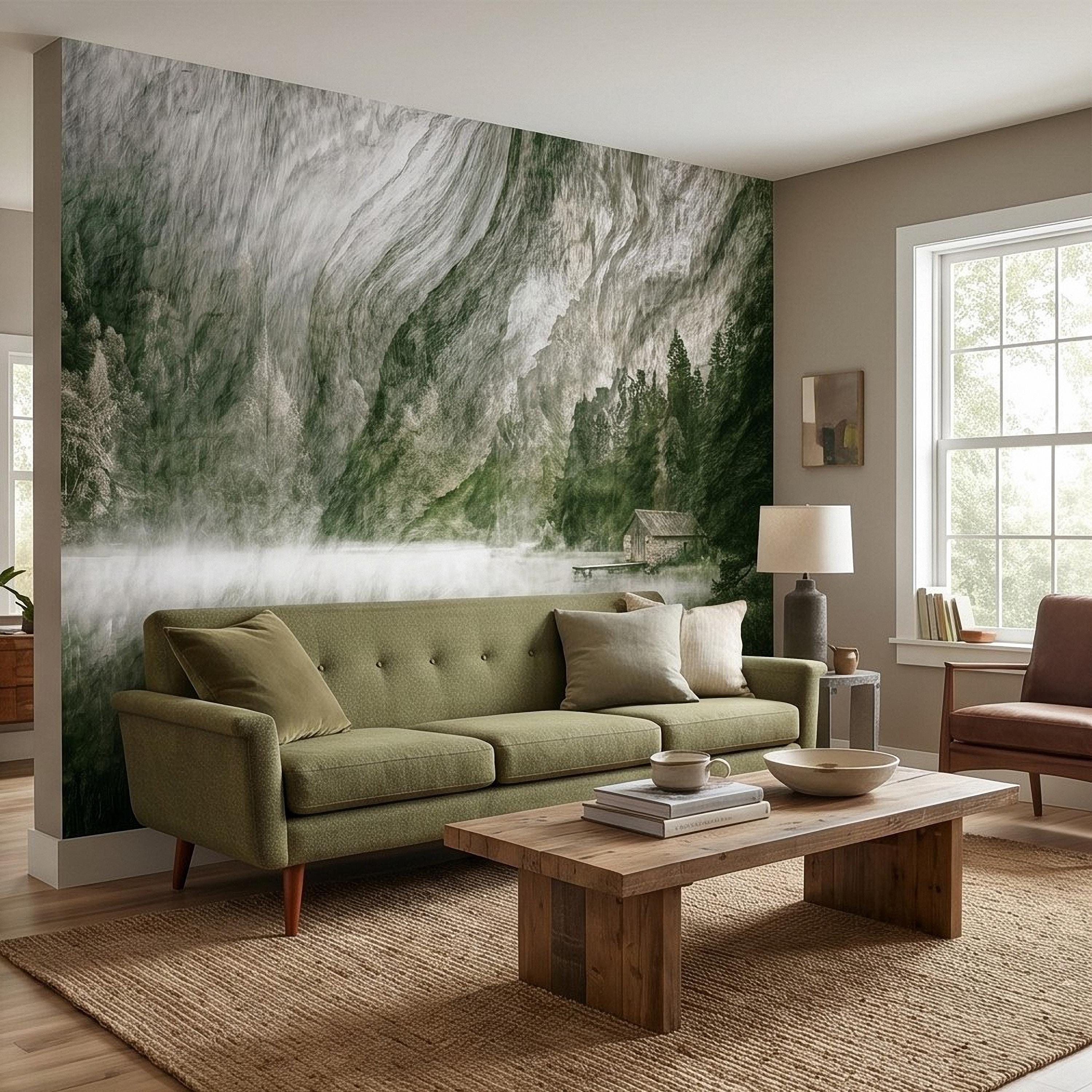 Misty Mountain Lake Peel and Stick Wall Mural, Moody Green Forest Cabin Landscape, Scandinavian Nature Wallpaper
