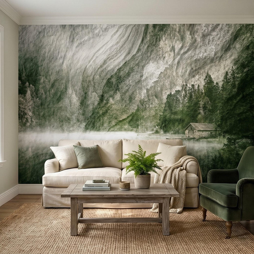 Misty Mountain Lake Peel and Stick Wall Mural, Moody Green Forest Cabin Landscape, Scandinavian Nature Wallpaper