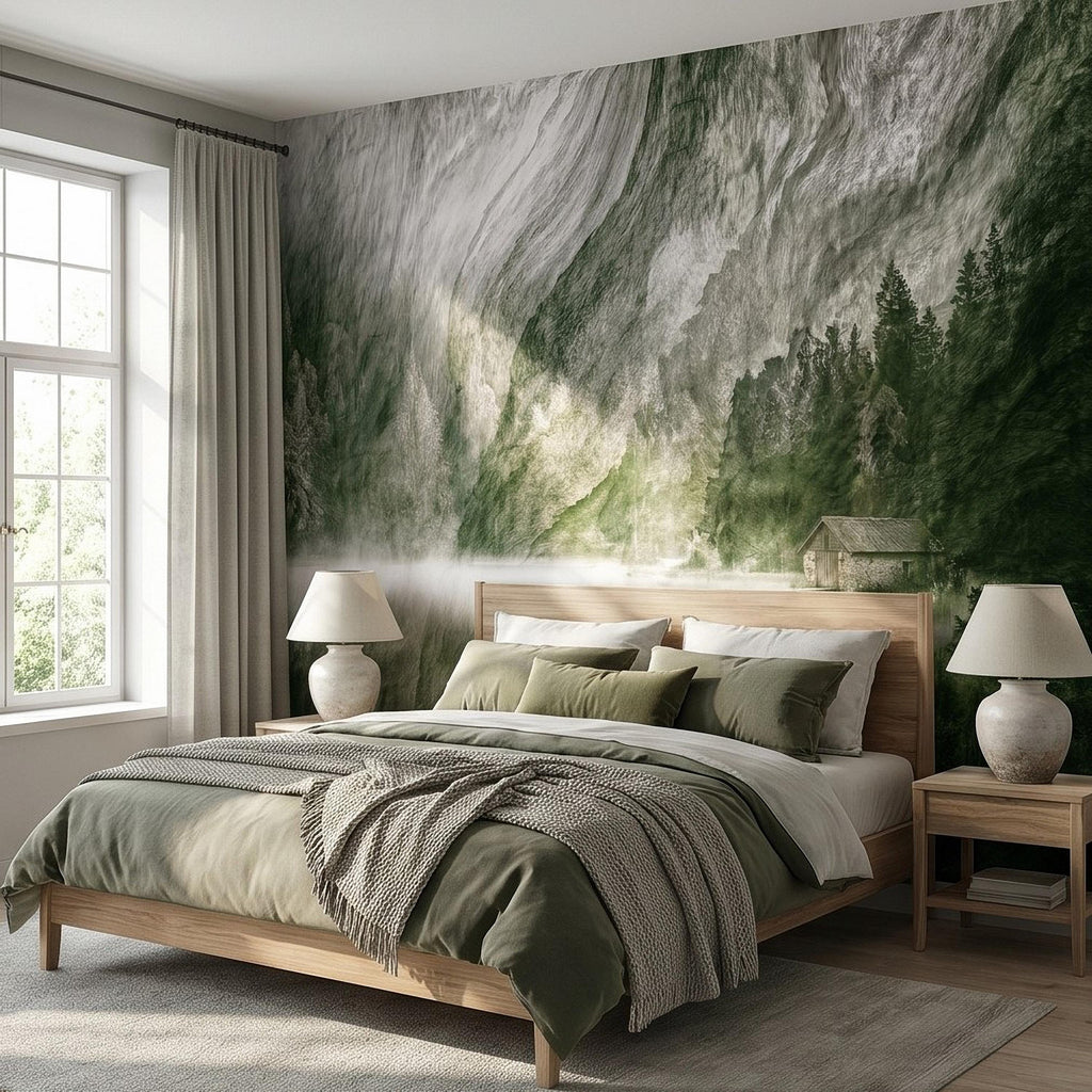 Misty Mountain Lake Peel and Stick Wall Mural, Moody Green Forest Cabin Landscape, Scandinavian Nature Wallpaper