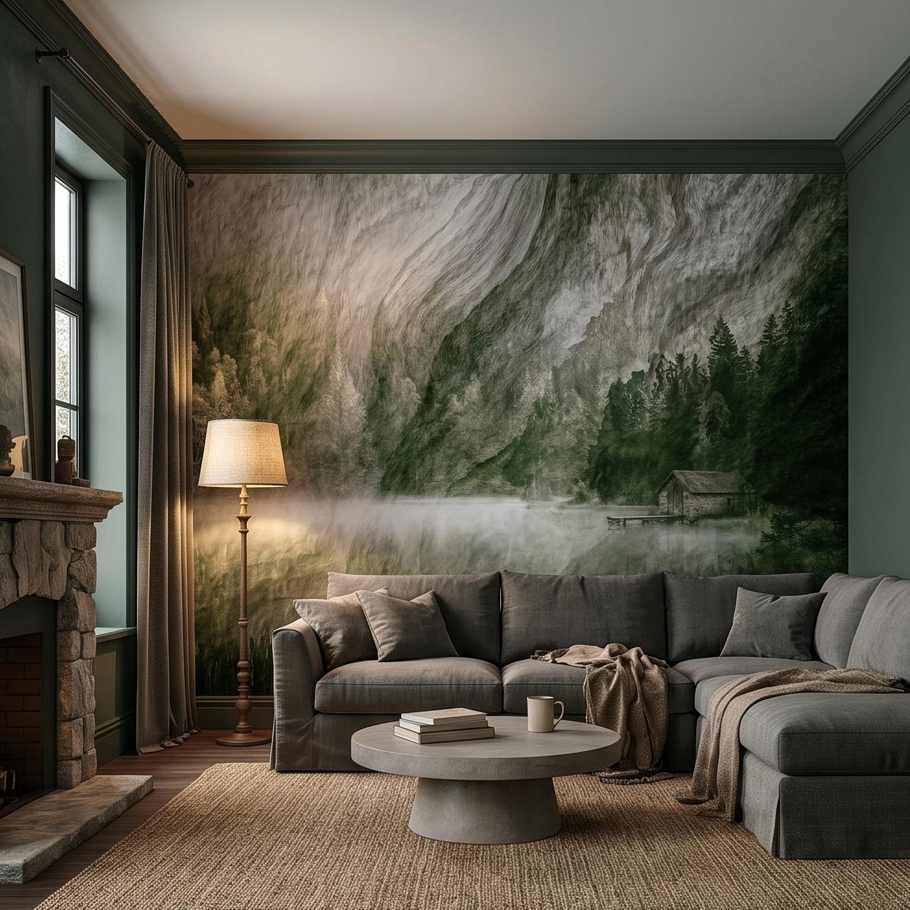 Misty Mountain Lake Peel and Stick Wall Mural, Moody Green Forest Cabin Landscape, Scandinavian Nature Wallpaper