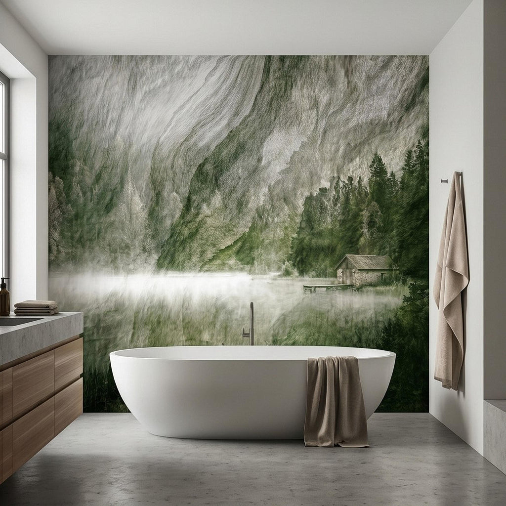Misty Mountain Lake Peel and Stick Wall Mural, Moody Green Forest Cabin Landscape, Scandinavian Nature Wallpaper