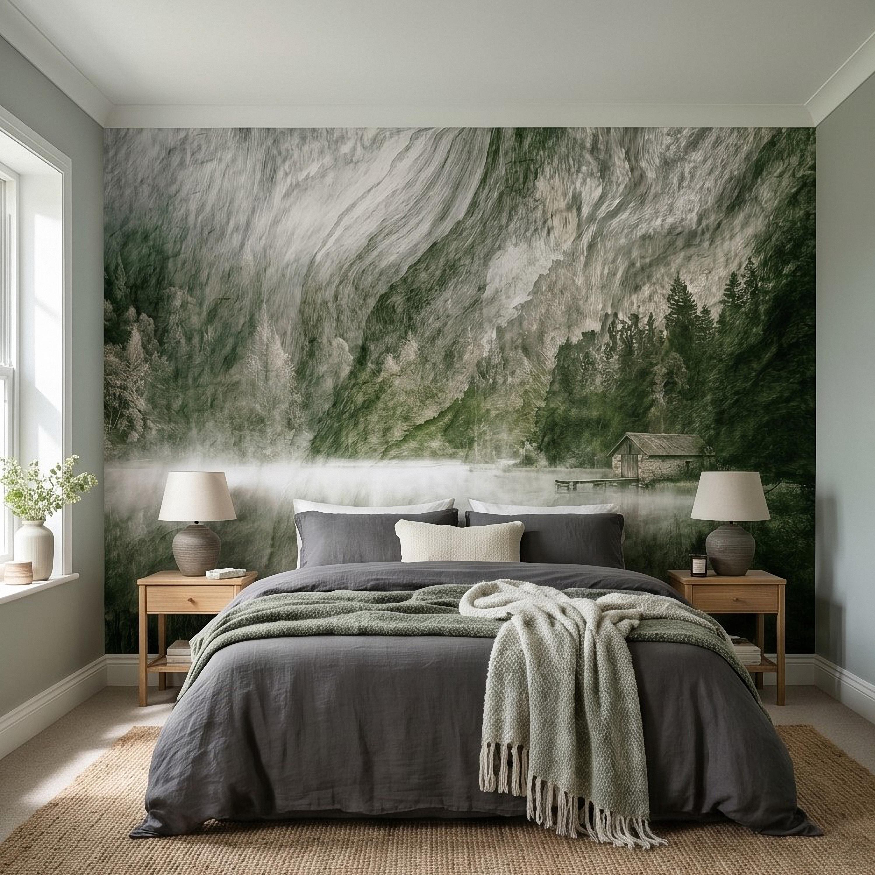 Misty Mountain Lake Peel and Stick Wall Mural, Moody Green Forest Cabin Landscape, Scandinavian Nature Wallpaper
