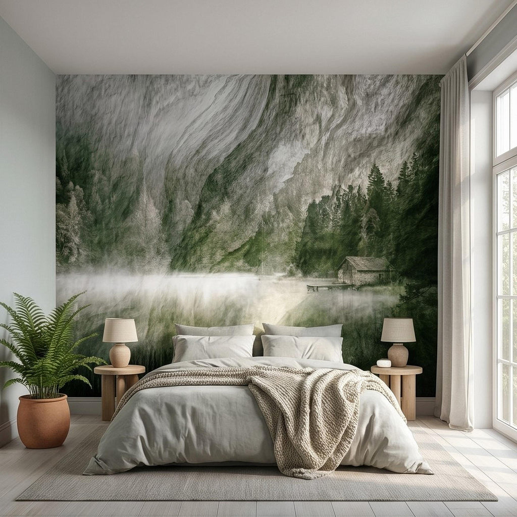 Misty Mountain Lake Peel and Stick Wall Mural, Moody Green Forest Cabin Landscape, Scandinavian Nature Wallpaper