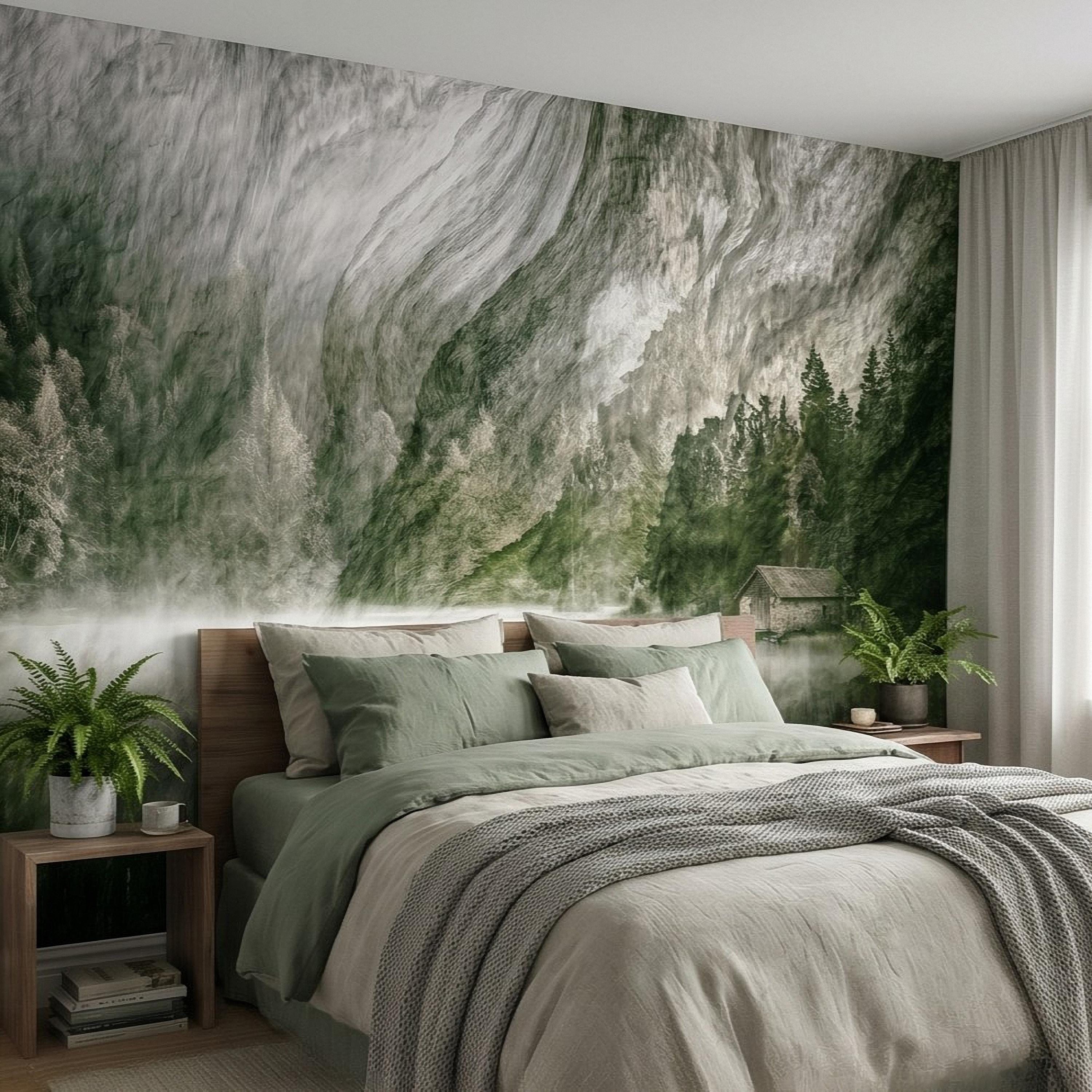 Misty Mountain Lake Peel and Stick Wall Mural, Moody Green Forest Cabin Landscape, Scandinavian Nature Wallpaper