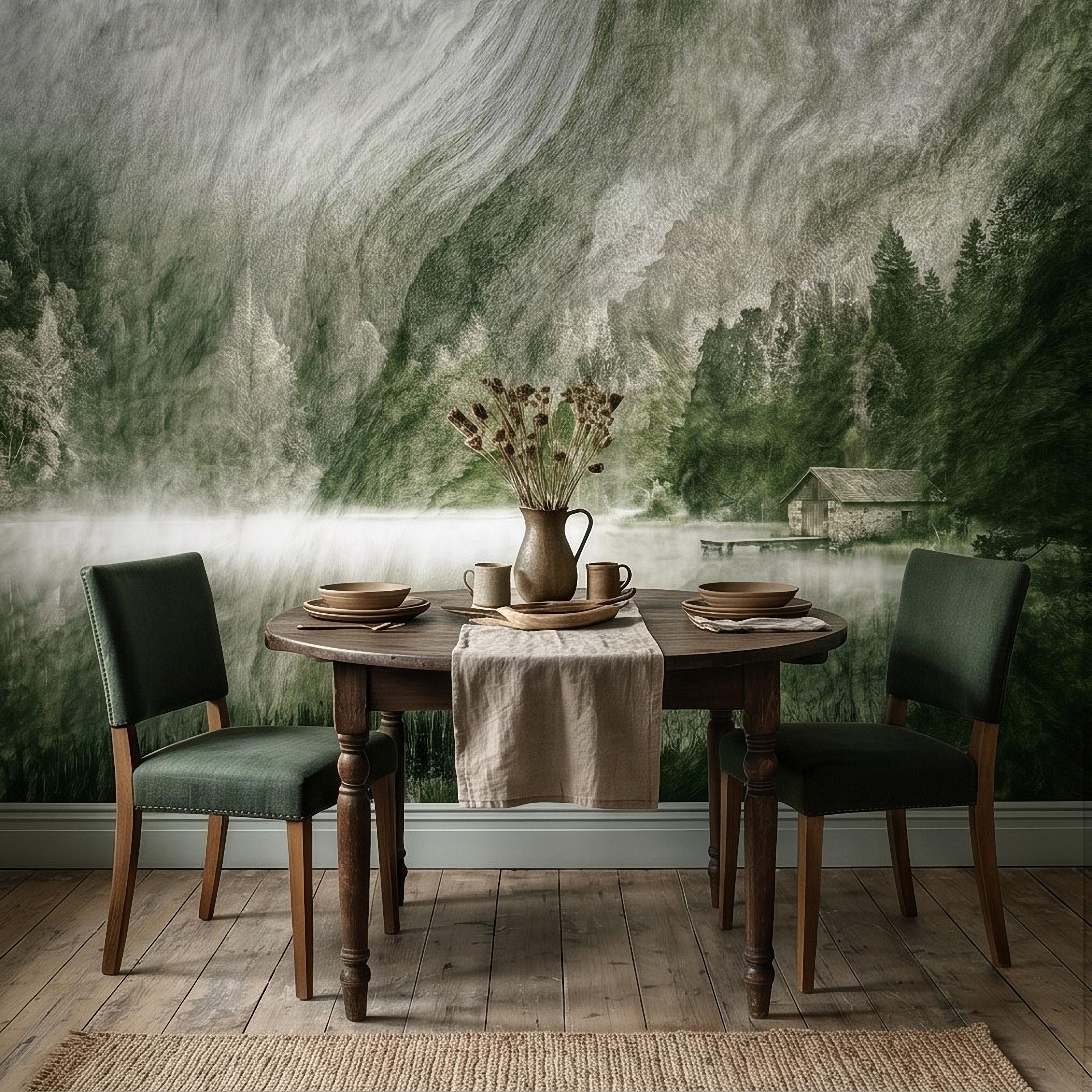 Misty Mountain Lake Peel and Stick Wall Mural, Moody Green Forest Cabin Landscape, Scandinavian Nature Wallpaper