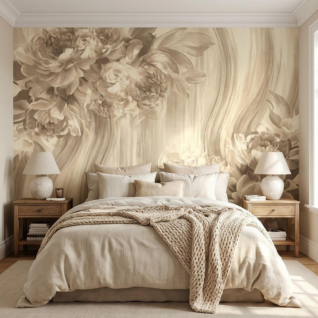 Luxury Neutral Peony Peel and Stick Wall Mural, Classic Beige Floral Painting, Elegant Vintage Wallpaper