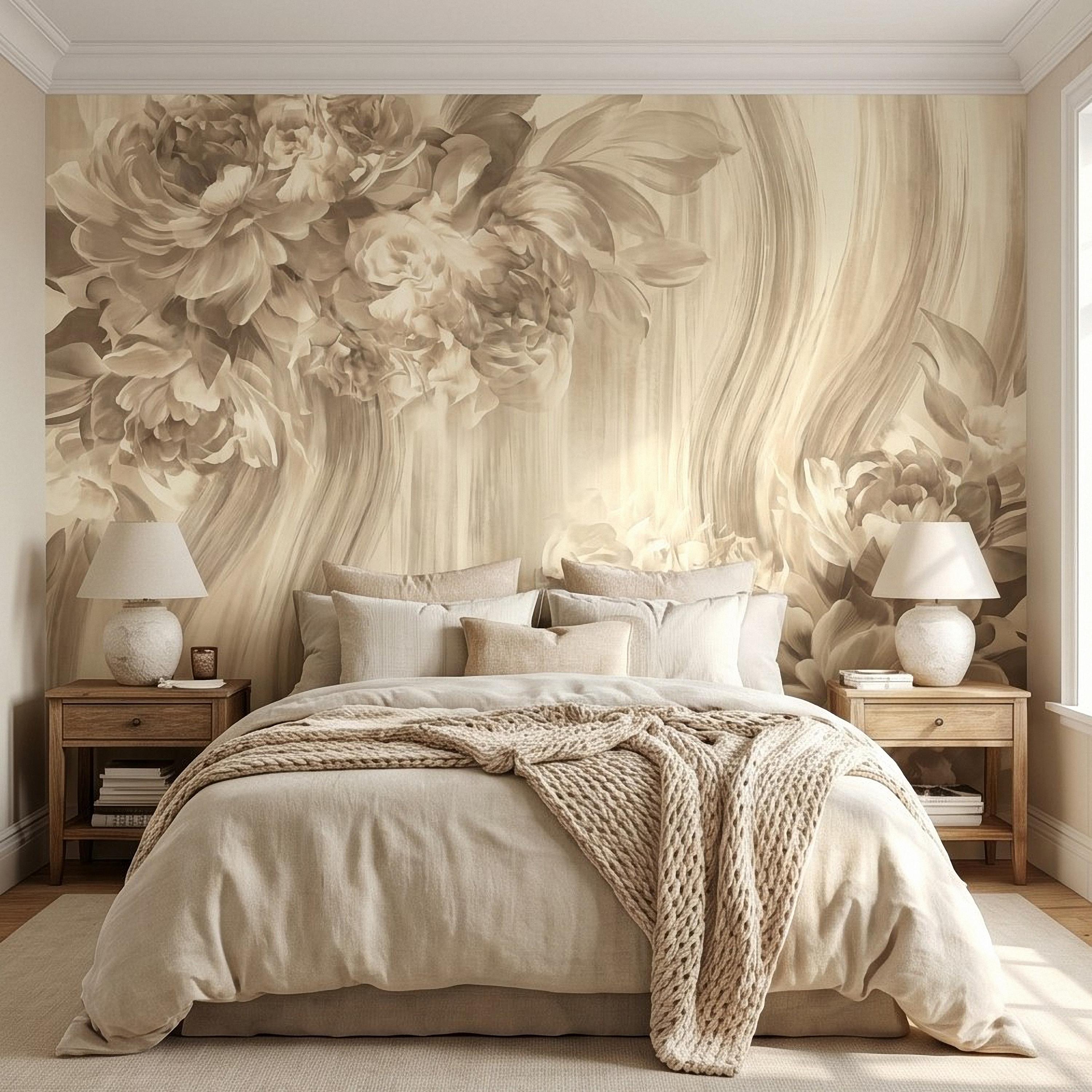 Luxury Neutral Peony Peel and Stick Wall Mural, Classic Beige Floral Painting, Elegant Vintage Wallpaper