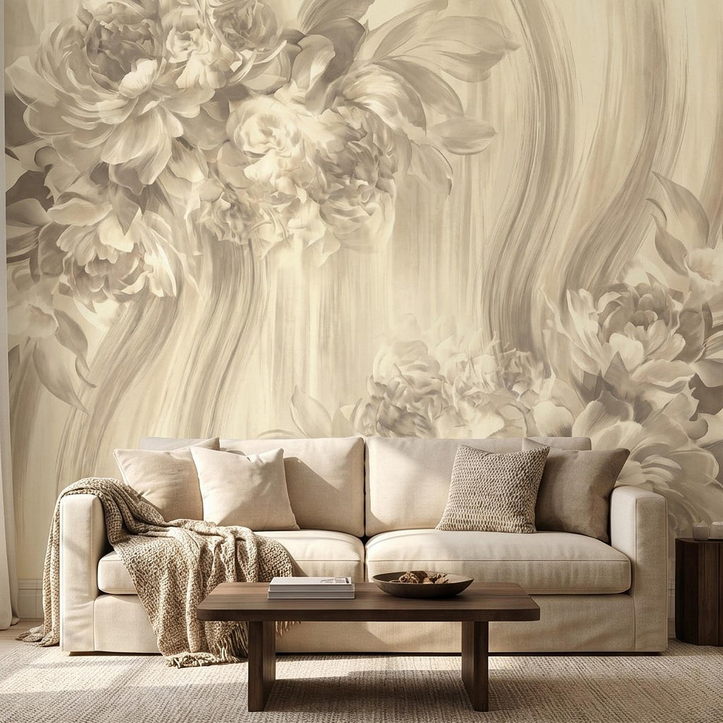 Luxury Neutral Peony Peel and Stick Wall Mural, Classic Beige Floral Painting, Elegant Vintage Wallpaper
