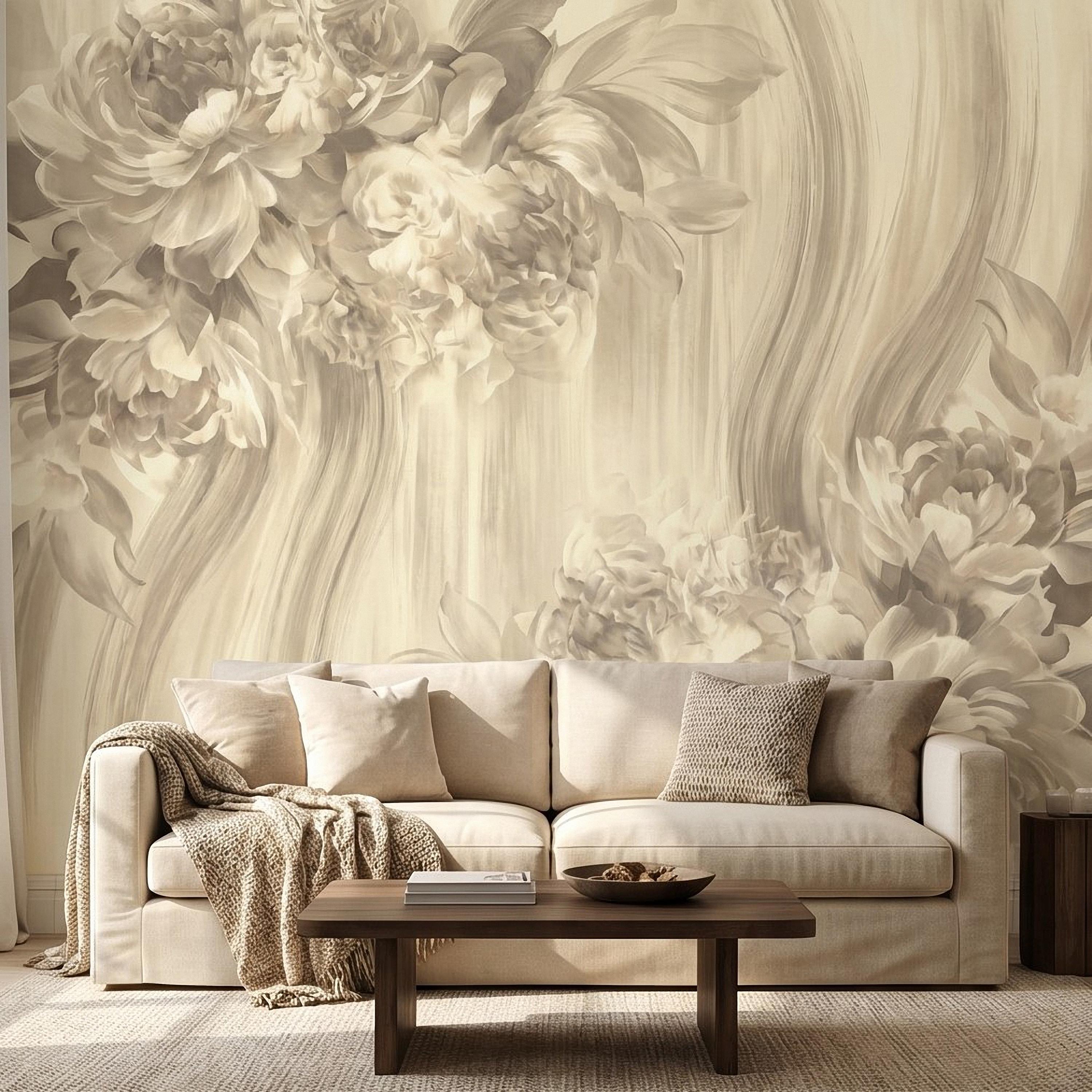 Luxury Neutral Peony Peel and Stick Wall Mural, Classic Beige Floral Painting, Elegant Vintage Wallpaper