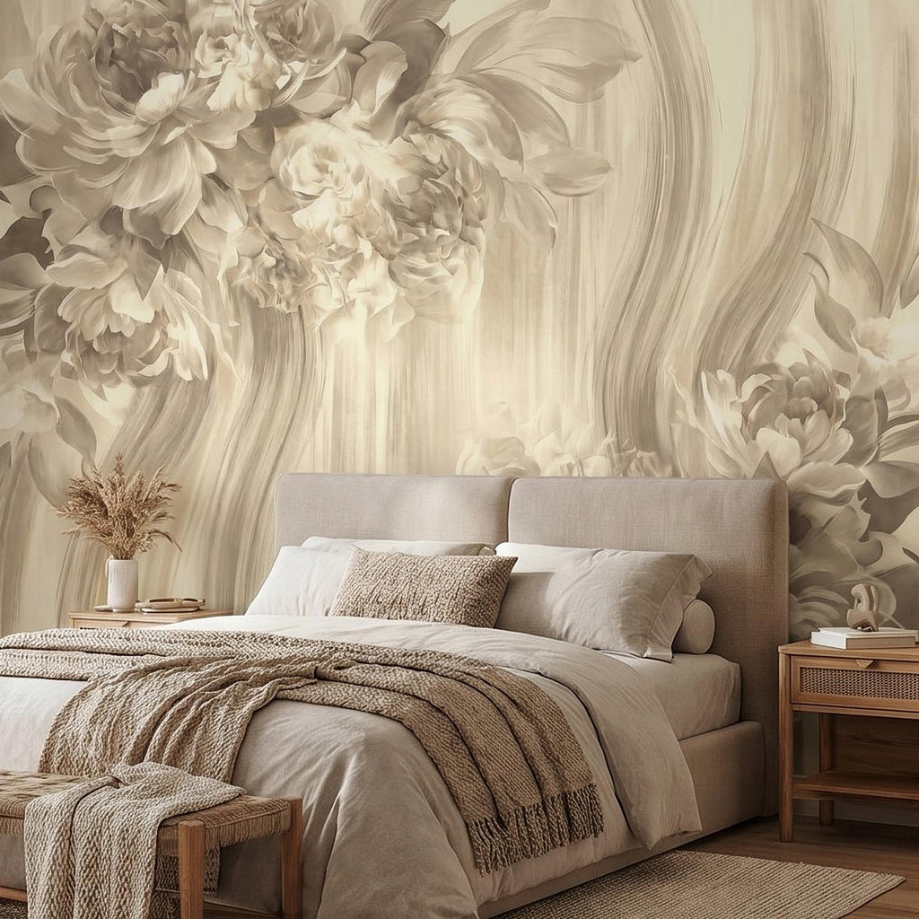 Luxury Neutral Peony Peel and Stick Wall Mural, Classic Beige Floral Painting, Elegant Vintage Wallpaper