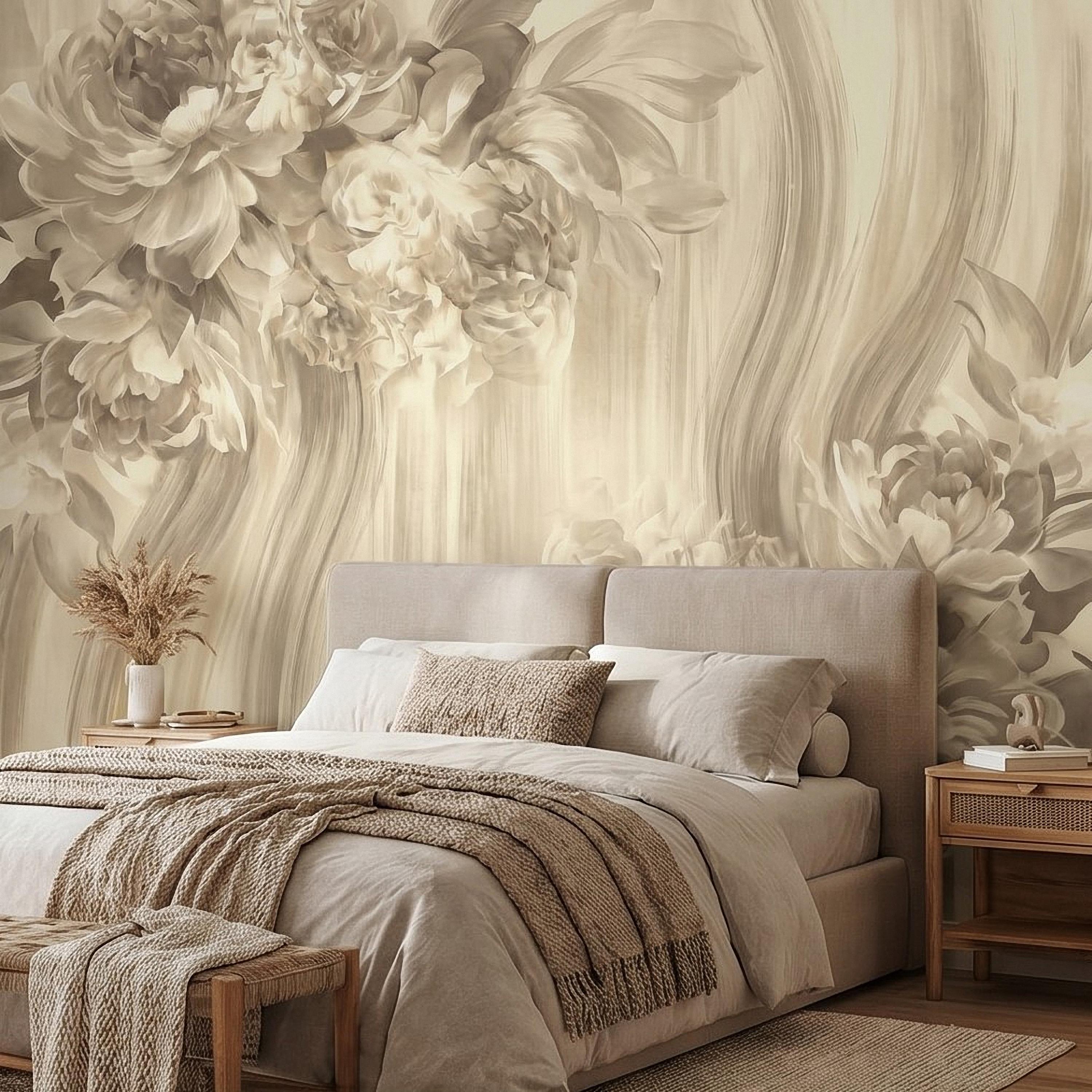 Luxury Neutral Peony Peel and Stick Wall Mural, Classic Beige Floral Painting, Elegant Vintage Wallpaper