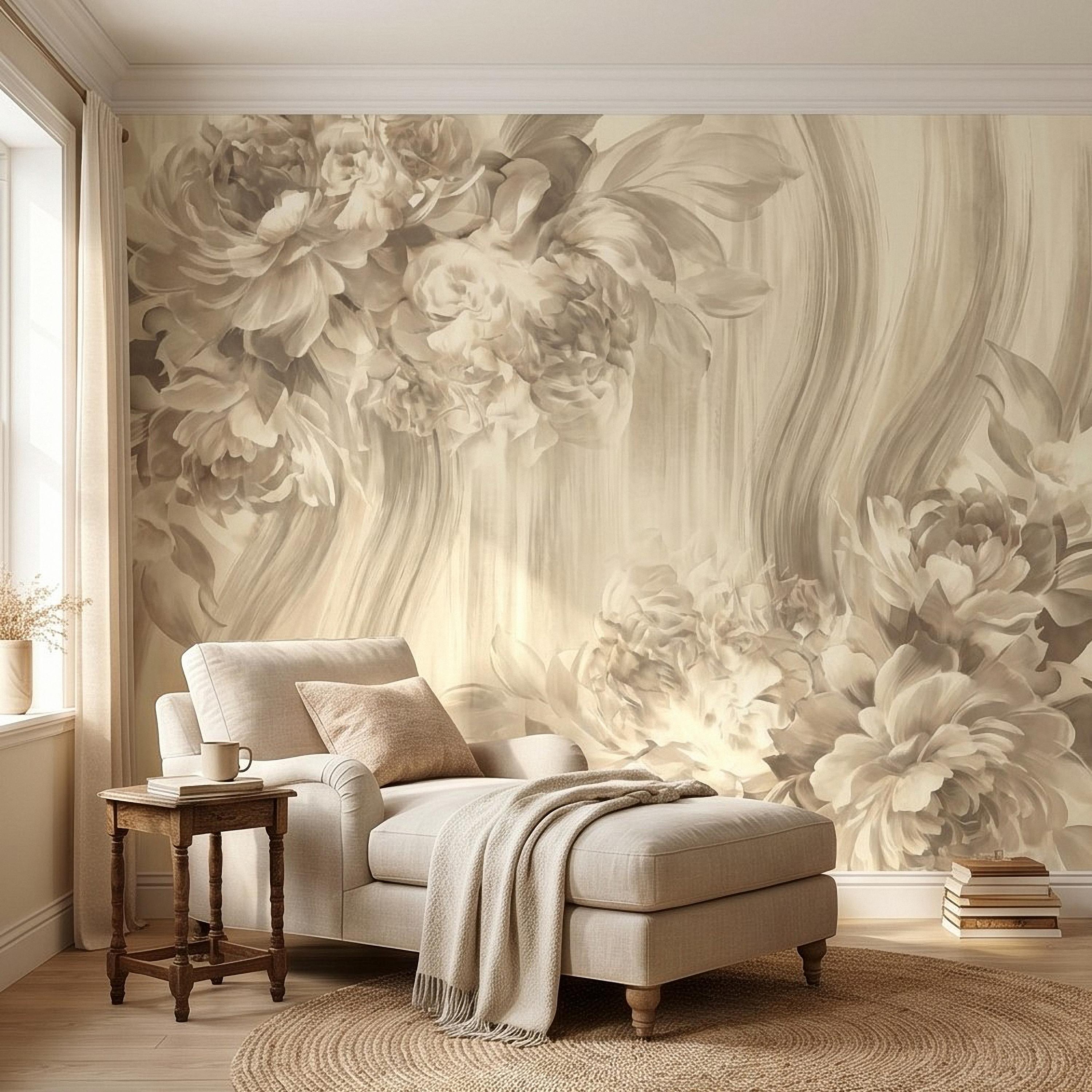 Luxury Neutral Peony Peel and Stick Wall Mural, Classic Beige Floral Painting, Elegant Vintage Wallpaper