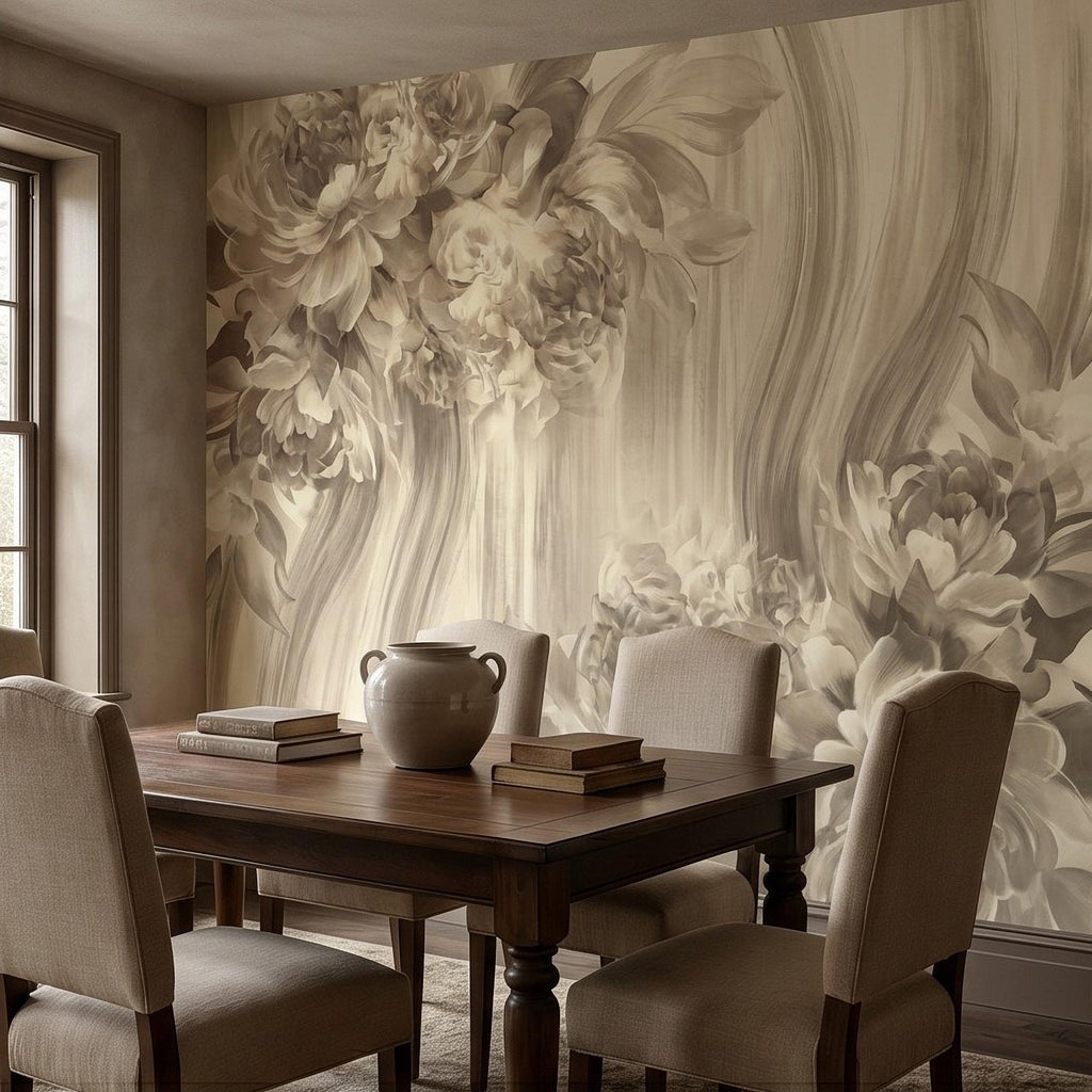 Luxury Neutral Peony Peel and Stick Wall Mural, Classic Beige Floral Painting, Elegant Vintage Wallpaper