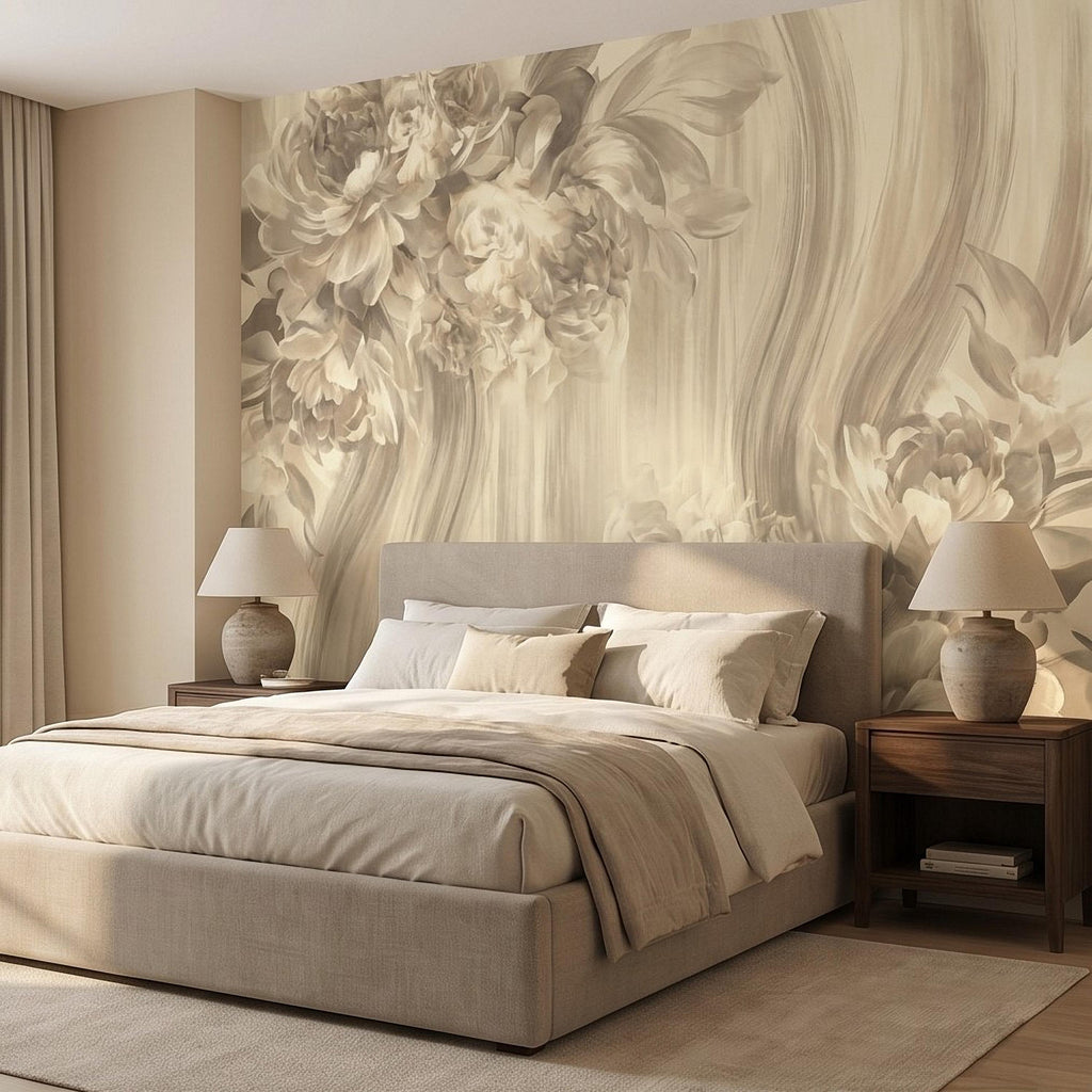 Luxury Neutral Peony Peel and Stick Wall Mural, Classic Beige Floral Painting, Elegant Vintage Wallpaper