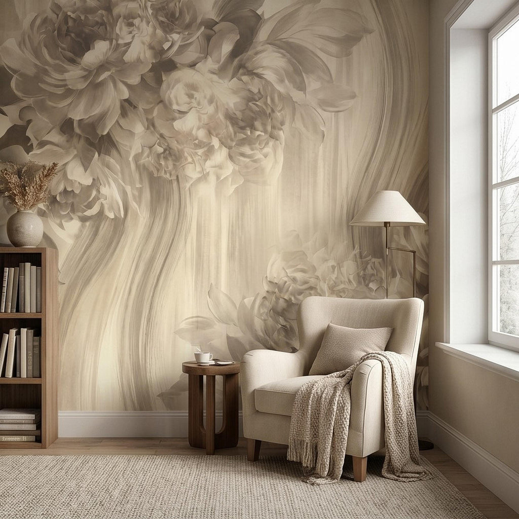 Luxury Neutral Peony Peel and Stick Wall Mural, Classic Beige Floral Painting, Elegant Vintage Wallpaper