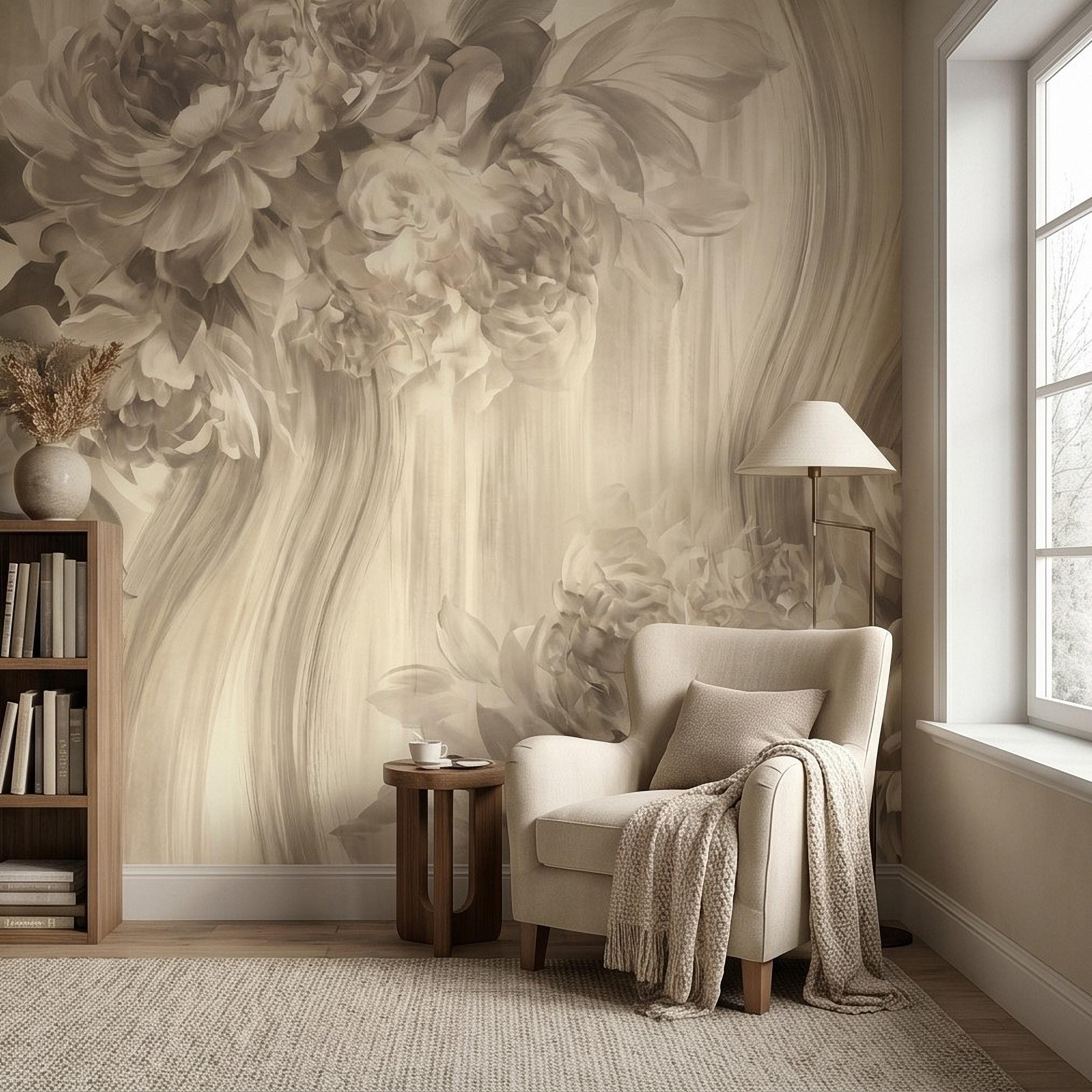 Luxury Neutral Peony Peel and Stick Wall Mural, Classic Beige Floral Painting, Elegant Vintage Wallpaper