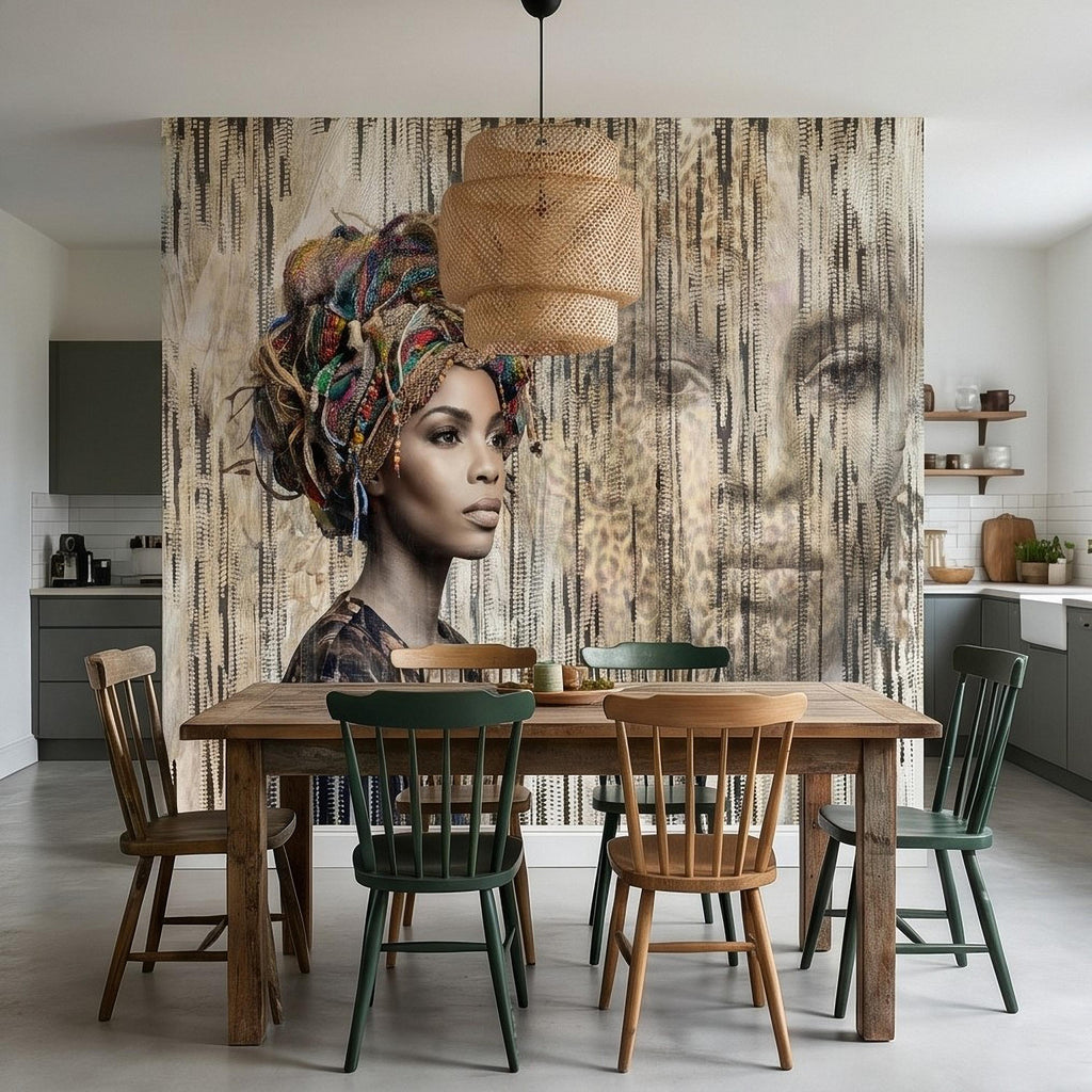African Woman Peel and Stick Wall Mural, Tribal Portrait with Colorful Headwrap, Modern Ethnic Art Wallpaper