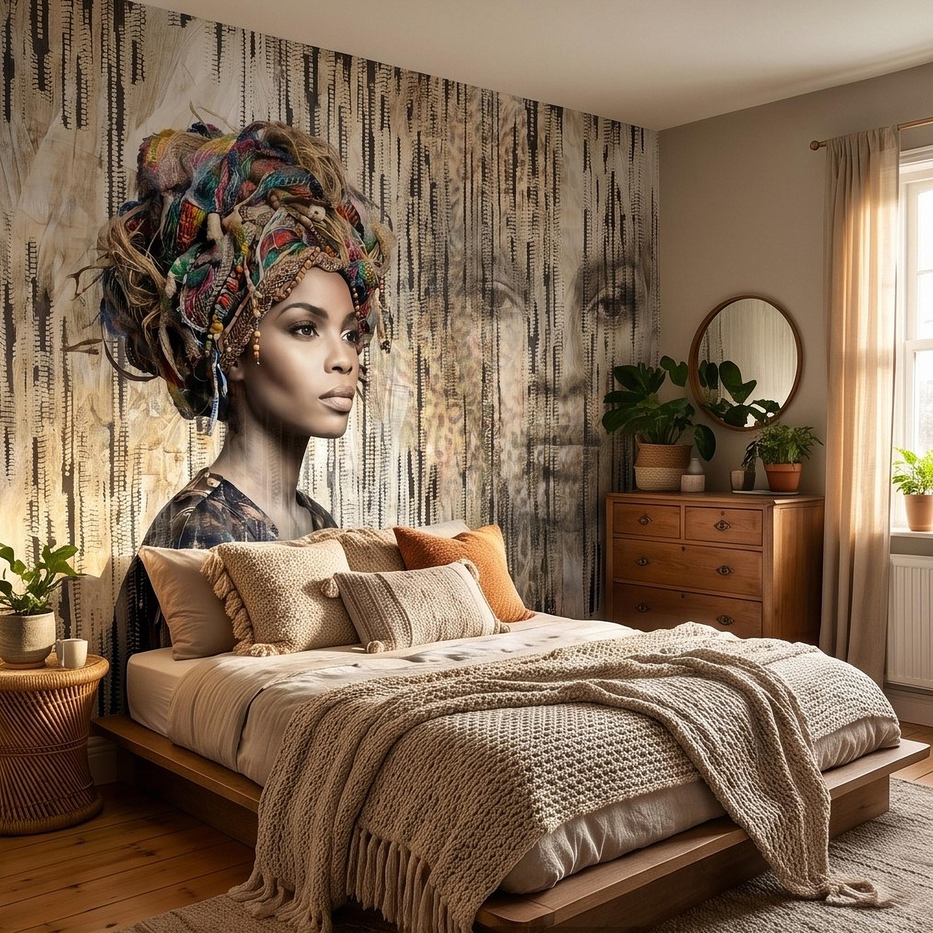 African Woman Peel and Stick Wall Mural, Tribal Portrait with Colorful Headwrap, Modern Ethnic Art Wallpaper