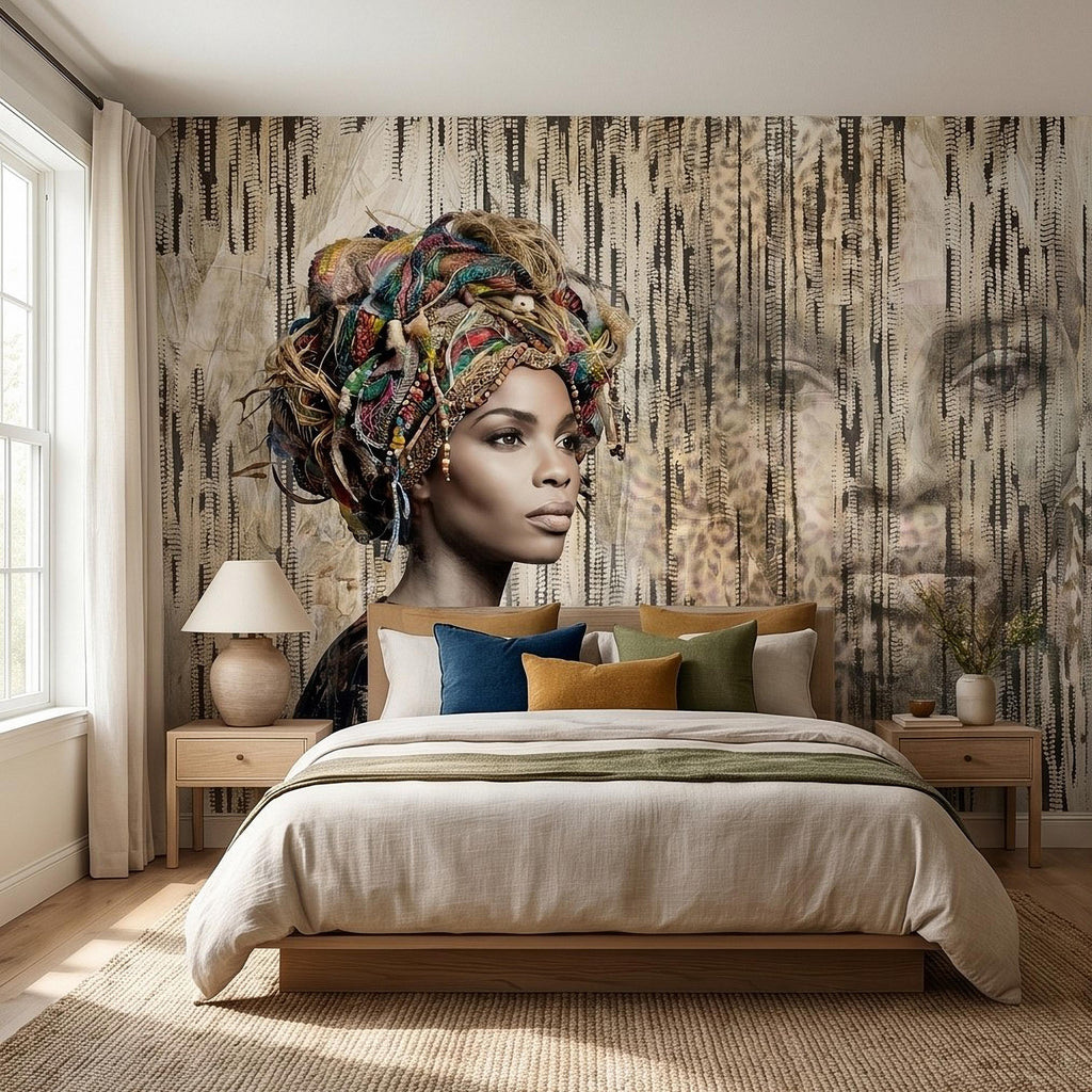 African Woman Peel and Stick Wall Mural, Tribal Portrait with Colorful Headwrap, Modern Ethnic Art Wallpaper