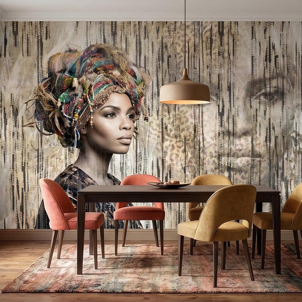 African Woman Peel and Stick Wall Mural, Tribal Portrait with Colorful Headwrap, Modern Ethnic Art Wallpaper