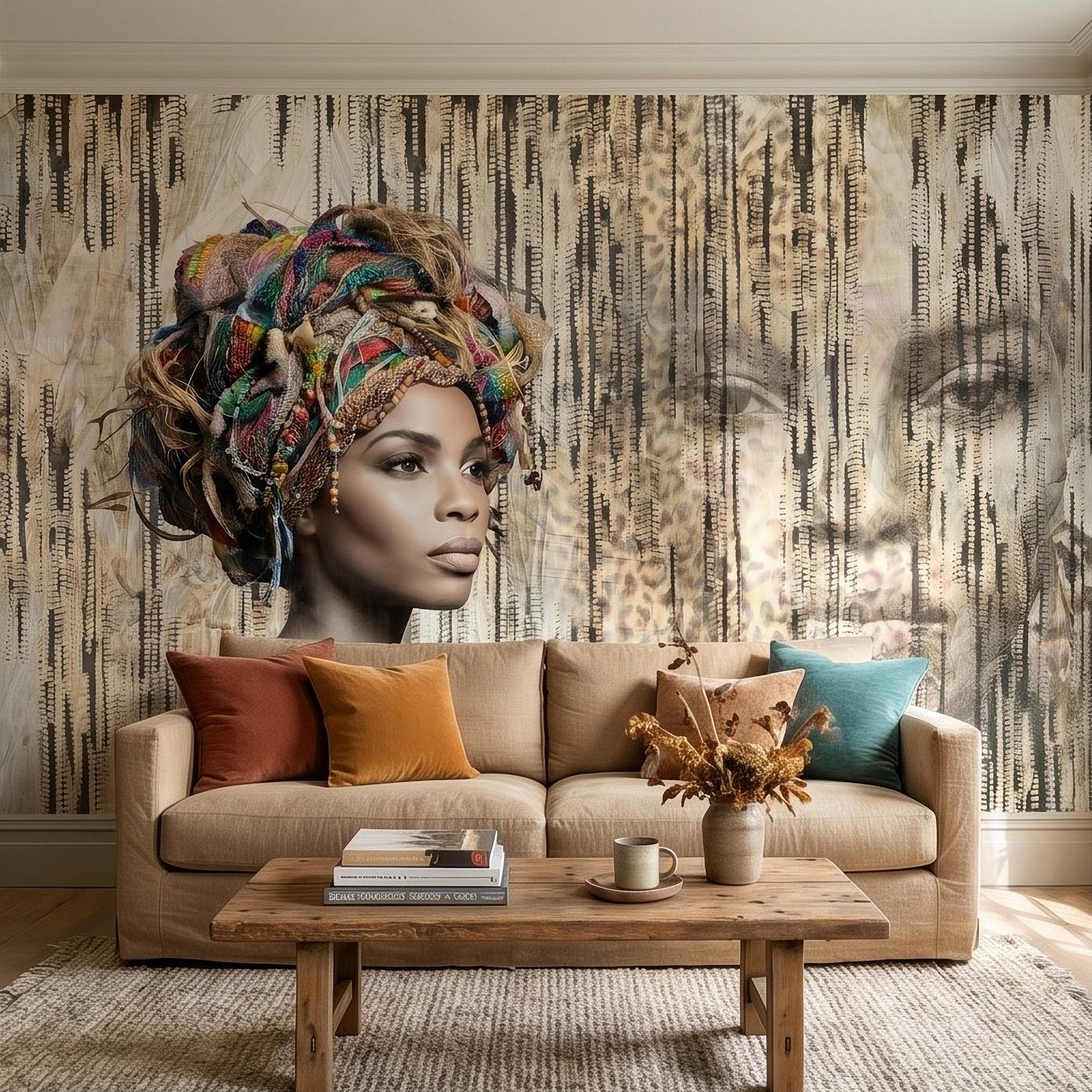 African Woman Peel and Stick Wall Mural, Tribal Portrait with Colorful Headwrap, Modern Ethnic Art Wallpaper