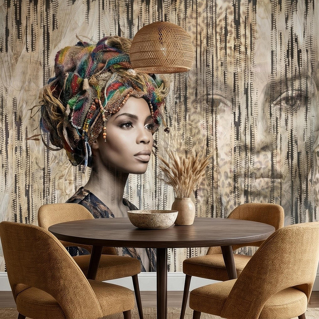African Woman Peel and Stick Wall Mural, Tribal Portrait with Colorful Headwrap, Modern Ethnic Art Wallpaper