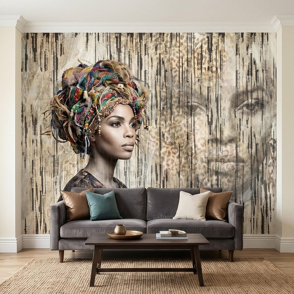African Woman Peel and Stick Wall Mural, Tribal Portrait with Colorful Headwrap, Modern Ethnic Art Wallpaper
