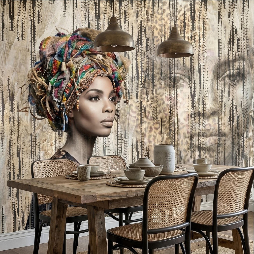 African Woman Peel and Stick Wall Mural, Tribal Portrait with Colorful Headwrap, Modern Ethnic Art Wallpaper