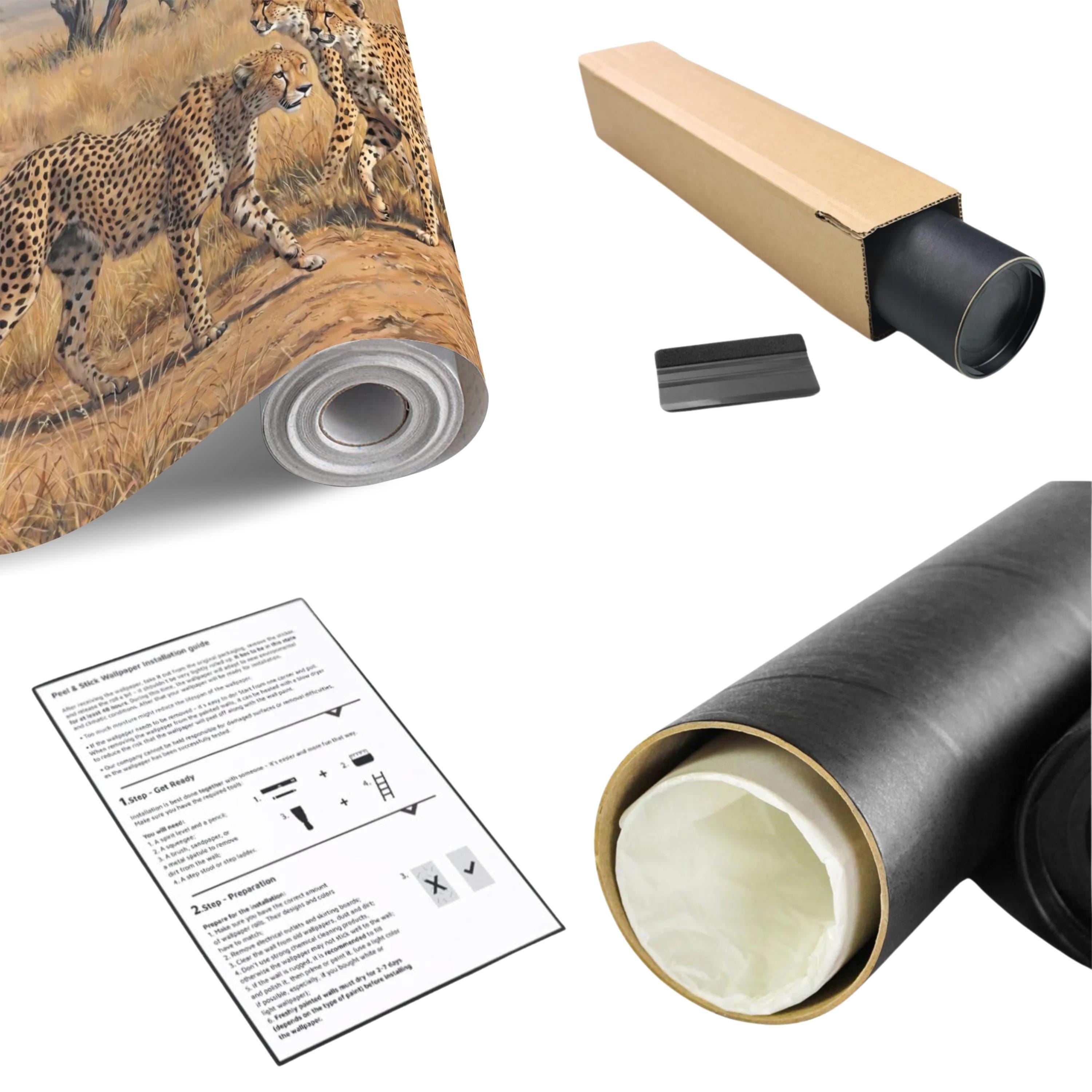 Cheetah Safari Peel and Stick Wall Mural, African Savanna Wildlife, Golden Grassland Cheetahs Wallpaper