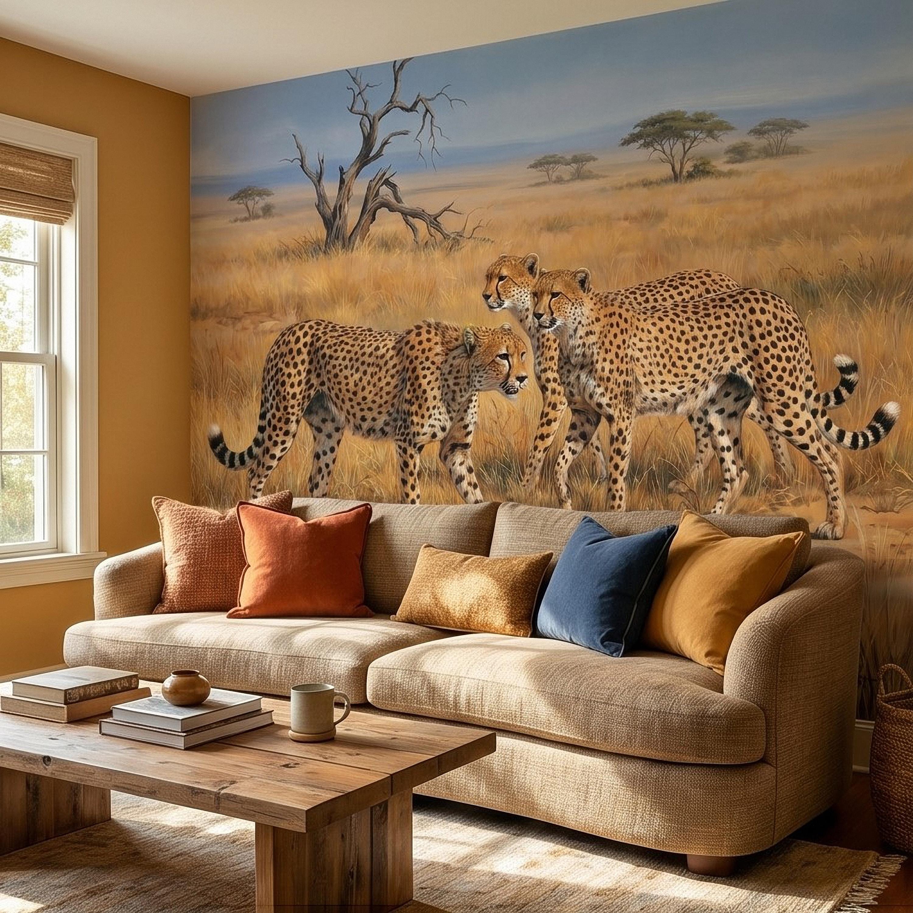 Cheetah Safari Peel and Stick Wall Mural, African Savanna Wildlife, Golden Grassland Cheetahs Wallpaper